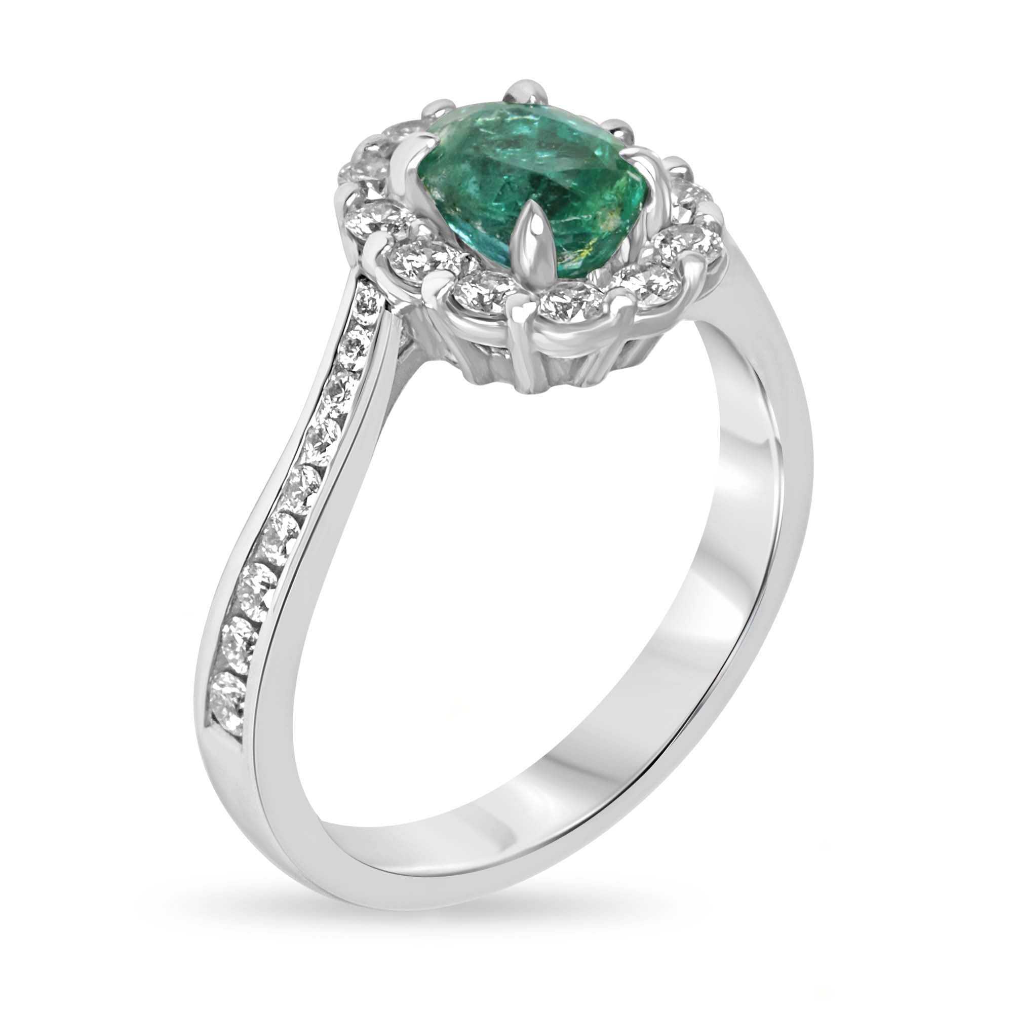 1.41tcw 14K Natural Oval Emerald & Diamond Halo Shank Engagement Ring - JR Colombian Emeralds