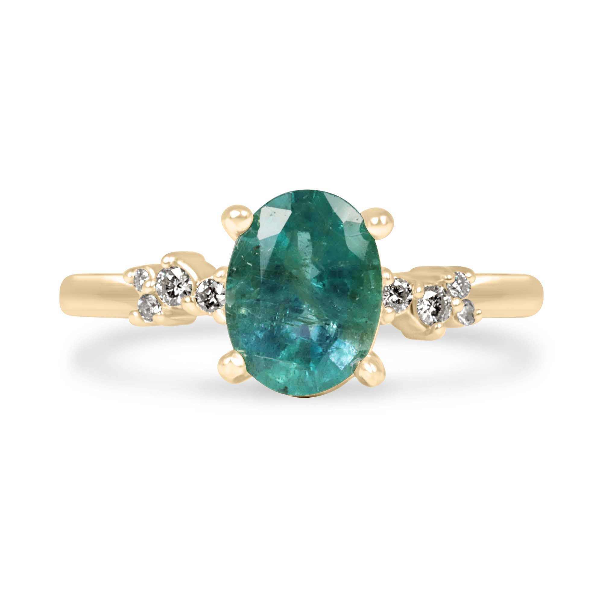 18K gold oval cut emerald and diamond constellation accent right hand ring by JR Colombian Emeralds, showcasing intricate gemstone design.
