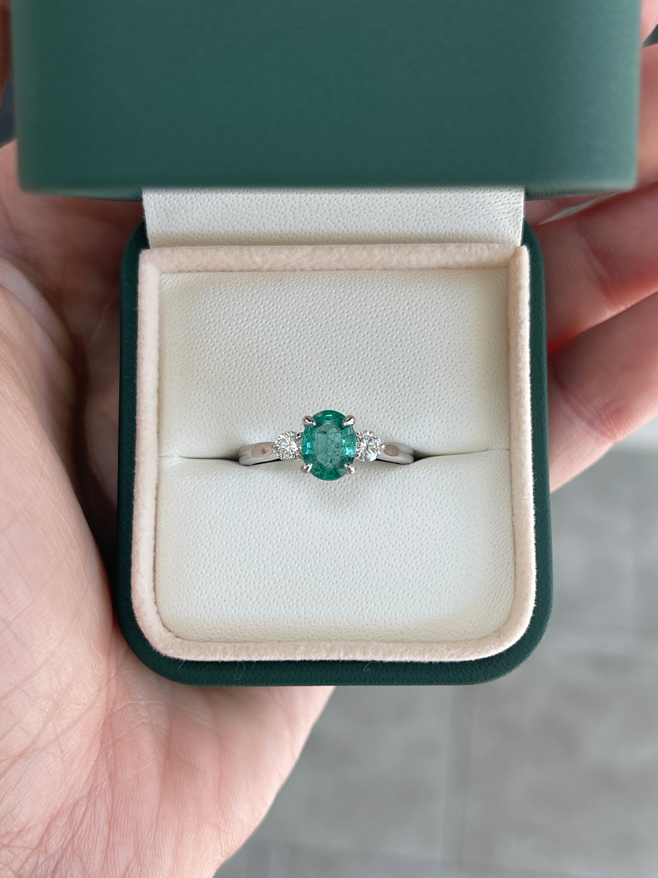 14K natural bluish-green emerald and lab diamond three-stone ring with oval and round cuts, by JR Colombian Emeralds.