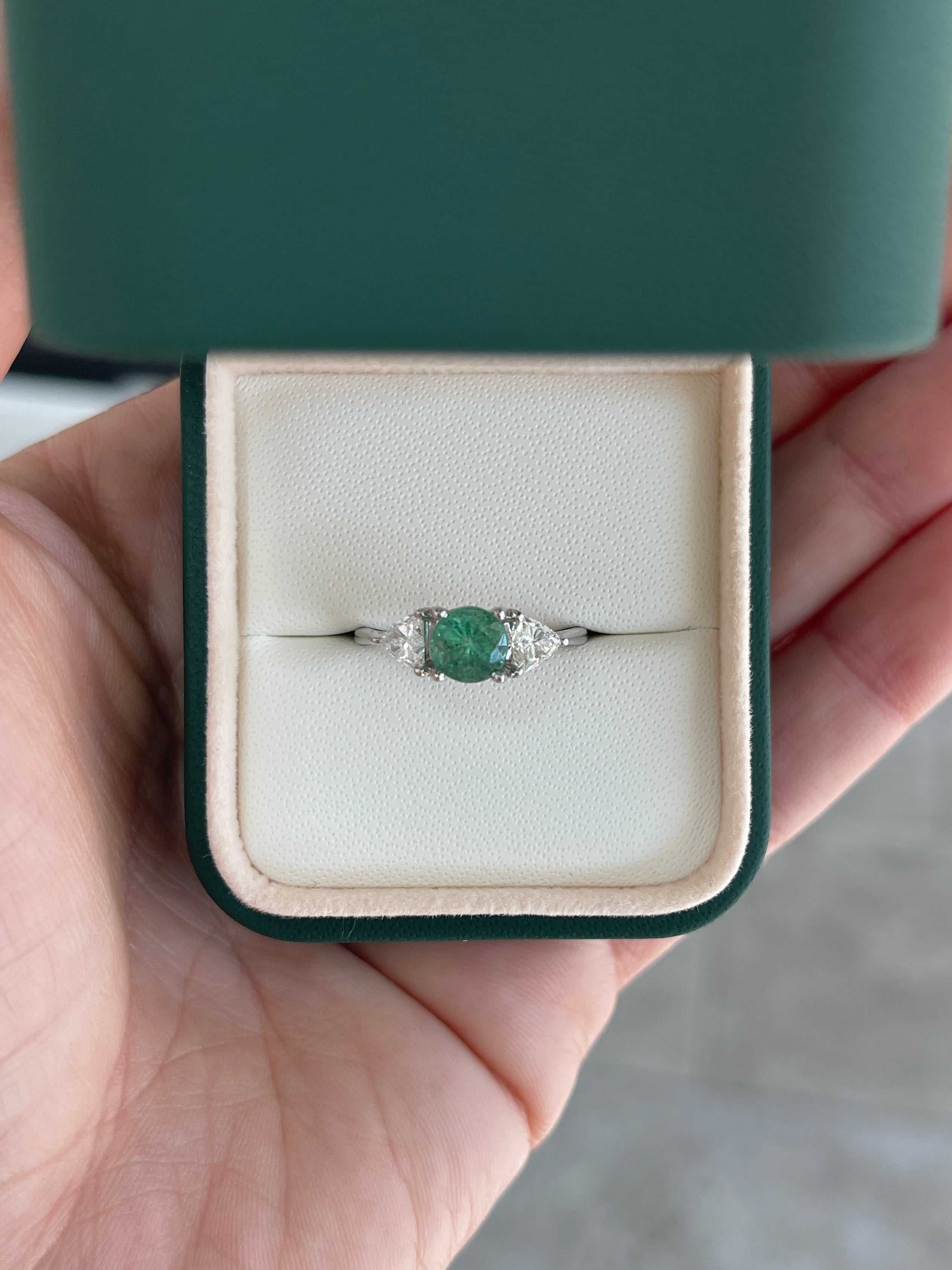 14K gold three-stone ring with 1.70tcw round cut emerald and lab diamond trillion accents, by JR Colombian Emeralds