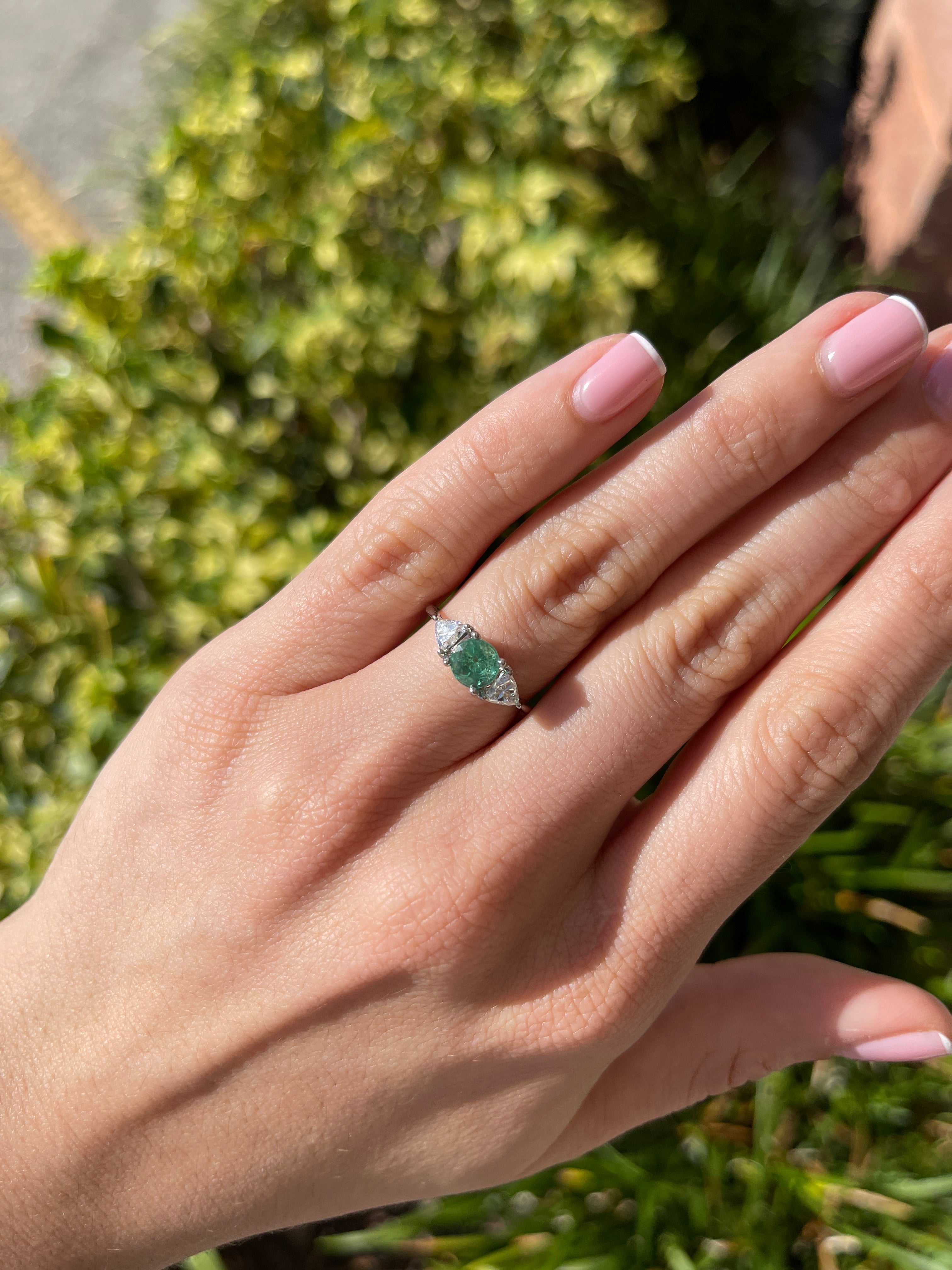 14K gold three-stone ring with 1.70tcw emerald and lab diamond trillion accents, featuring round cut gemstones by JR Colombian Emeralds.