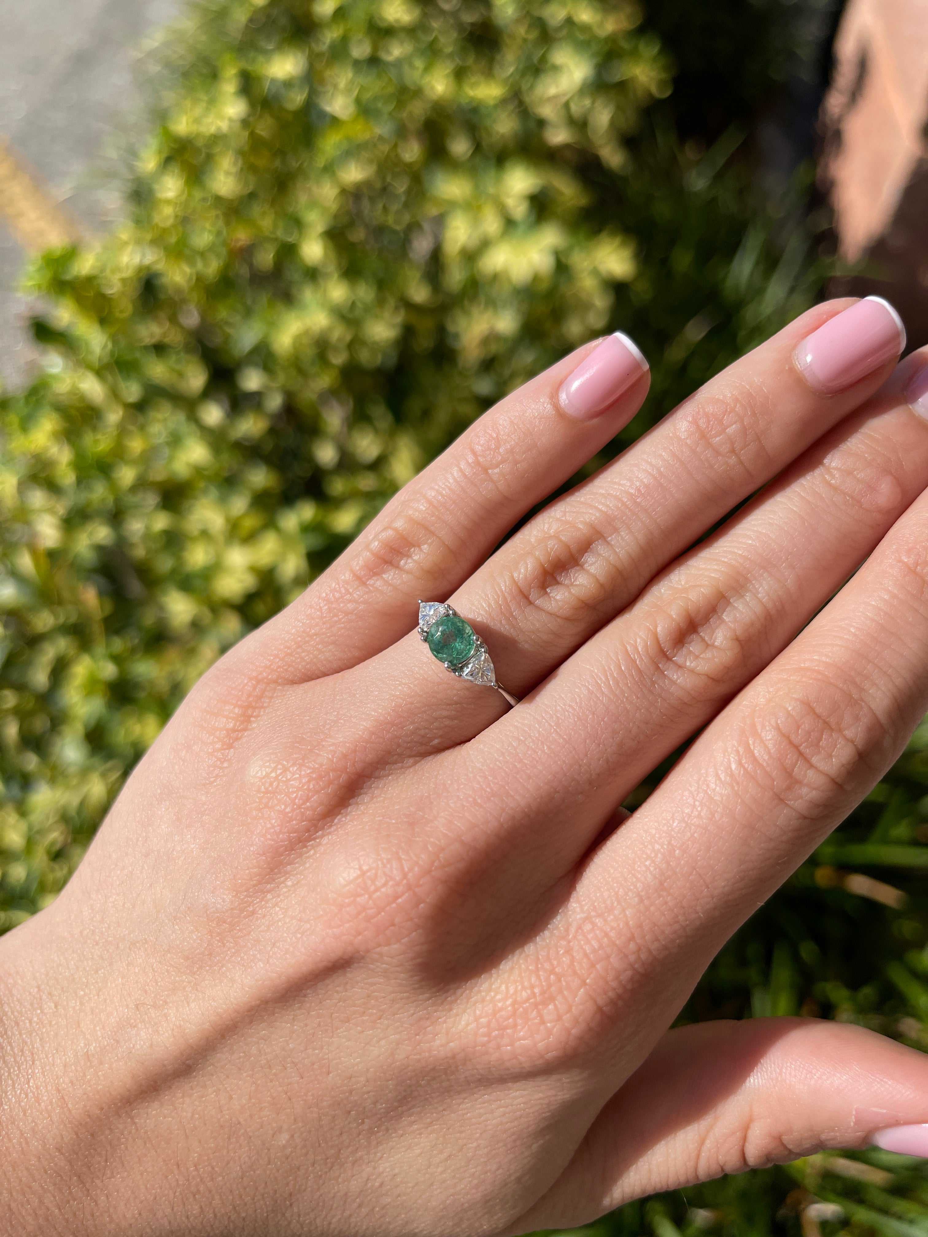 14K gold three-stone ring featuring 1.70tcw round cut emerald and lab diamond trillion accents by JR Colombian Emeralds