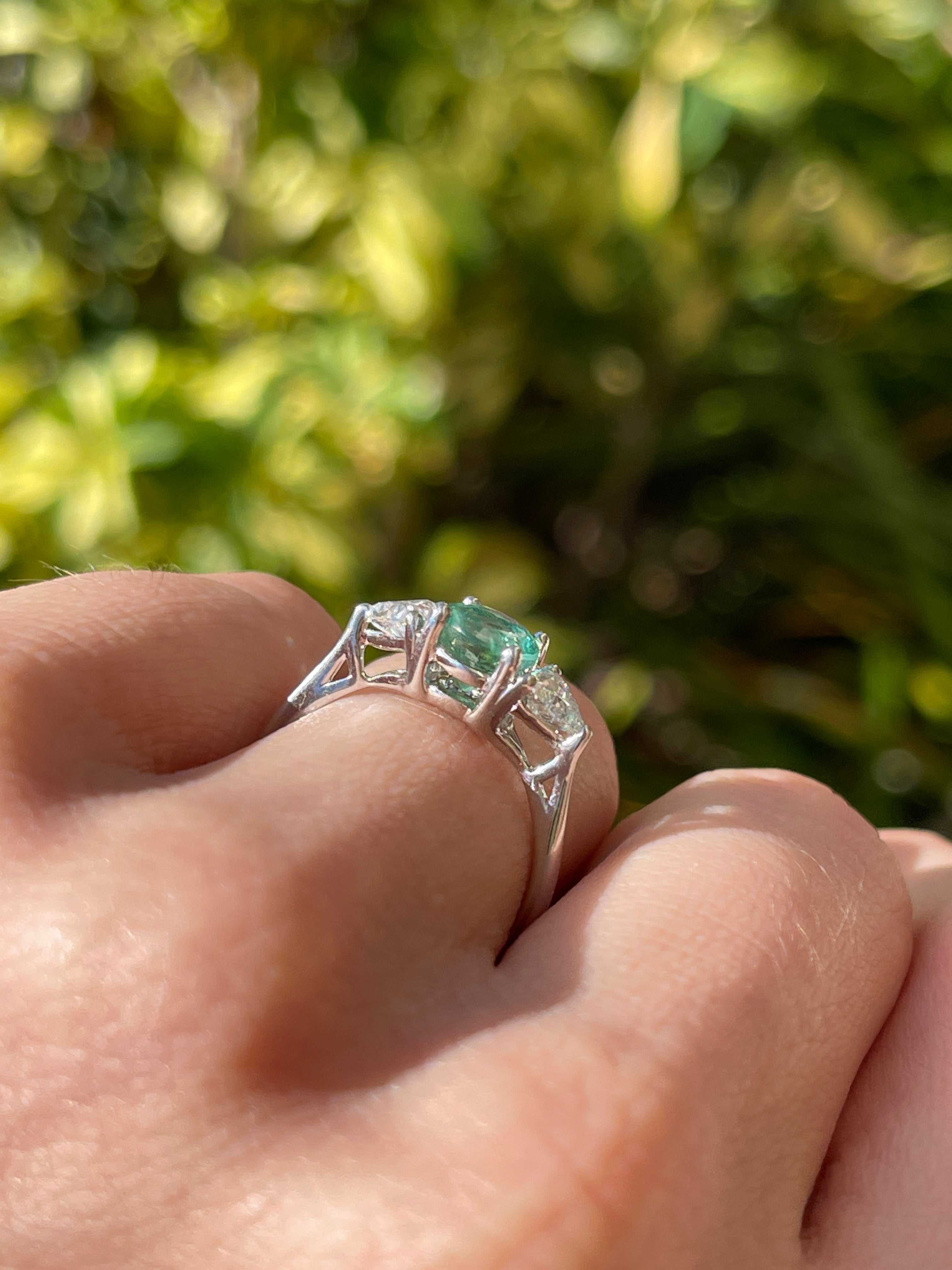 14K gold three-stone emerald and lab diamond ring featuring round and trillion cuts, designed by JR Colombian Emeralds.