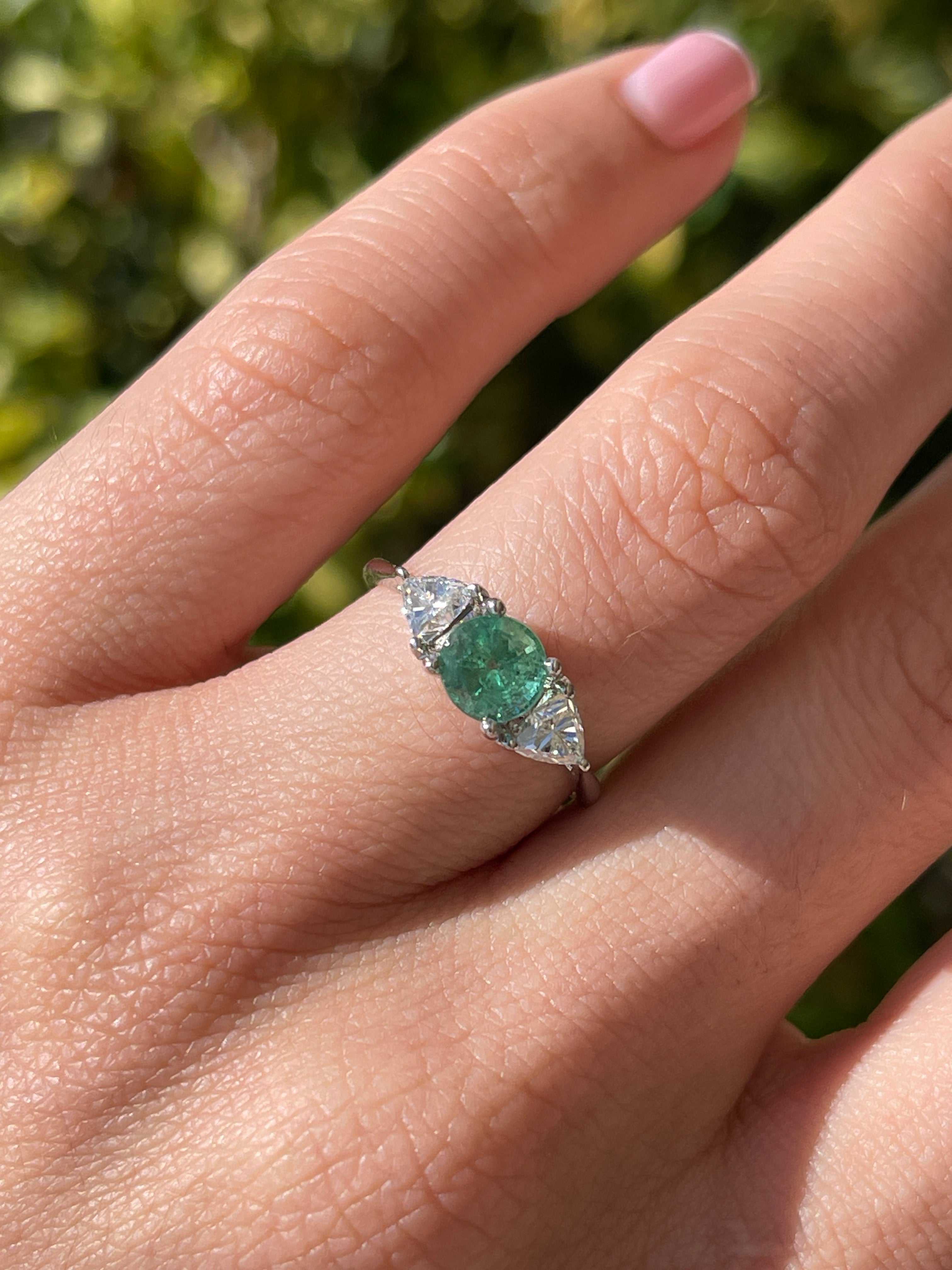 14K gold three-stone ring featuring 1.70tcw round cut emerald and lab diamond trillion accents, crafted by JR Colombian Emeralds.
