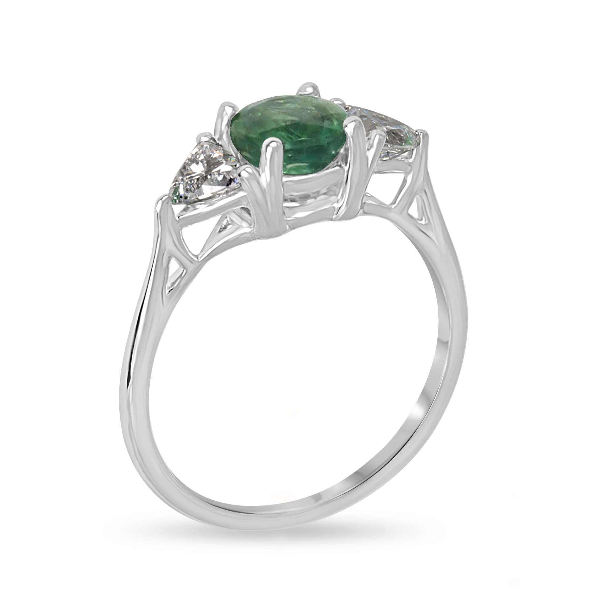 14K gold three-stone ring featuring 1.70tcw round cut emerald and lab diamond trillion accents, designed by JR Colombian Emeralds.