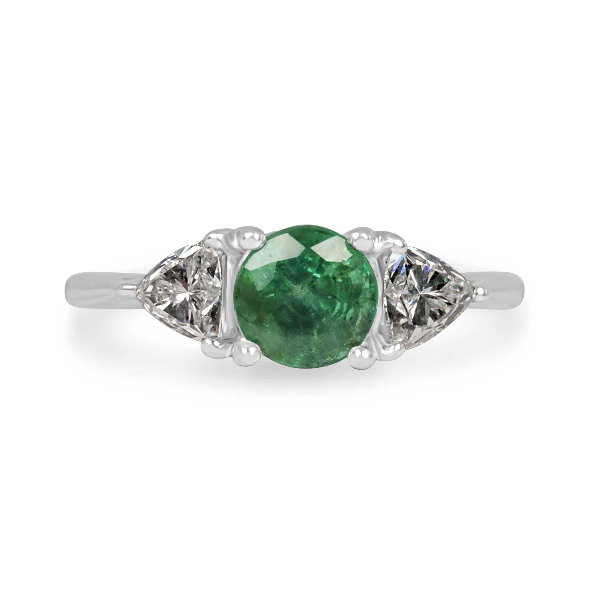 14K gold three-stone ring with 1.70tcw emerald and lab diamond trillion cuts, featuring a round cut center stone from JR Colombian Emeralds.