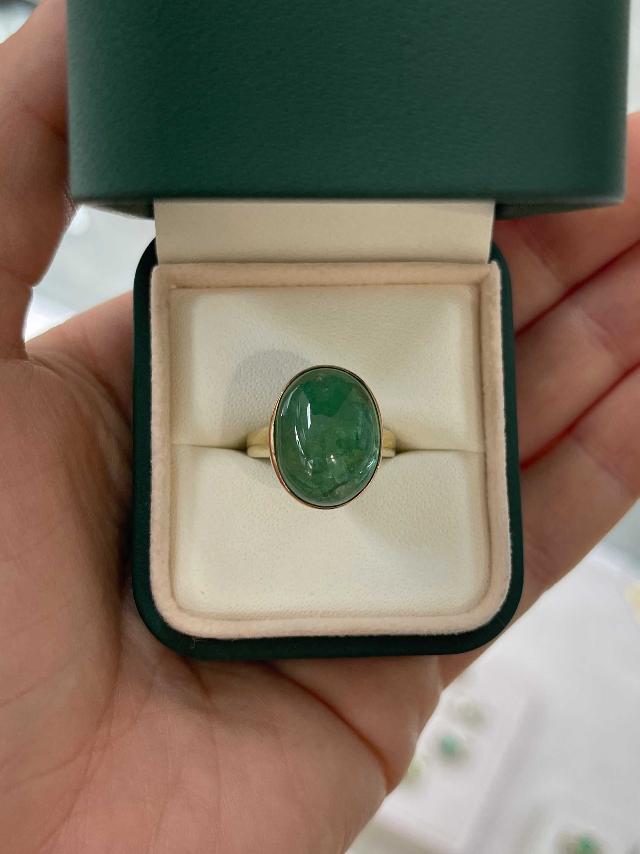 16.37 Carat Large Deep Green Cabochon Emerald Solitaire Bezel Ring 14K - JR Colombian Emeralds