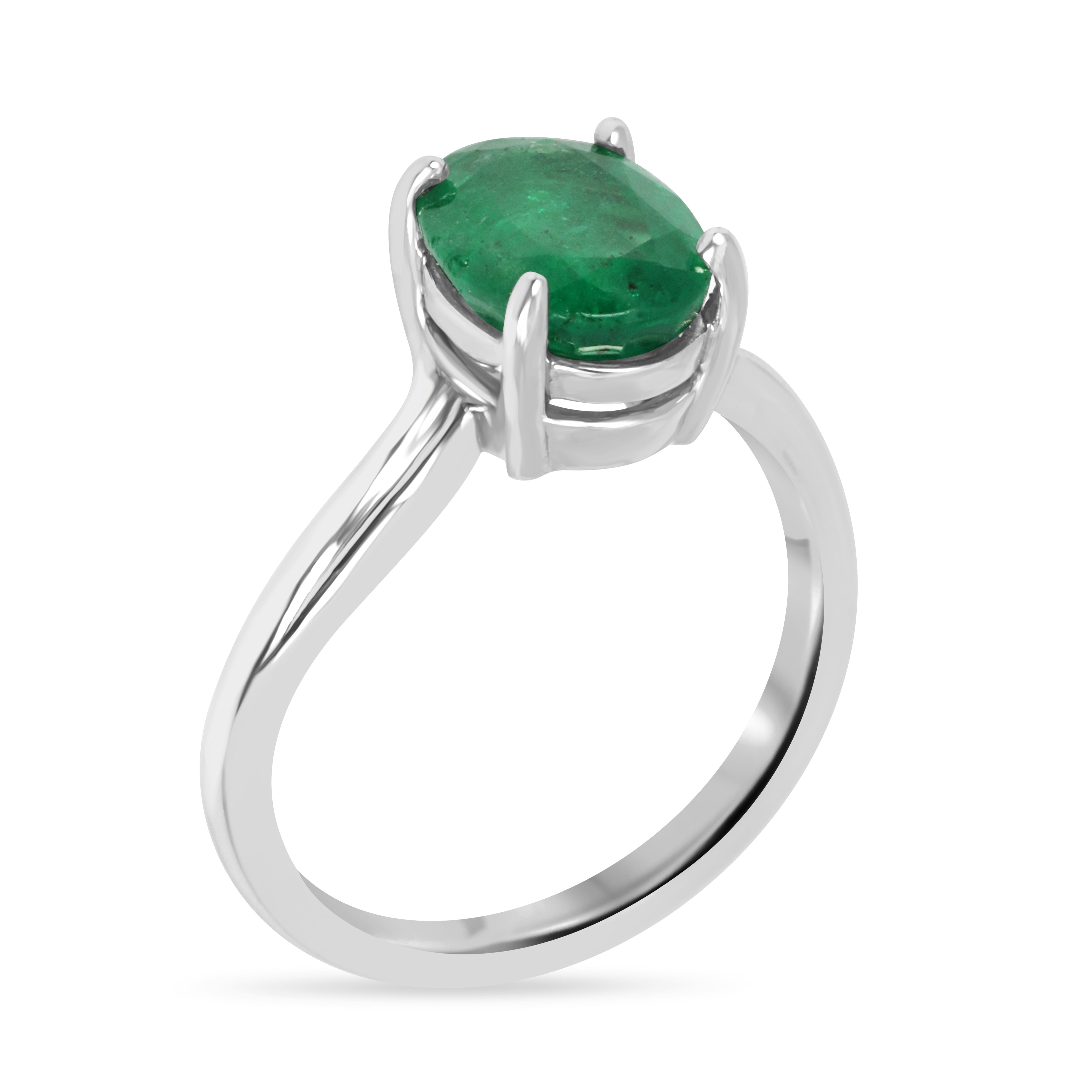 Natural 2.05ct oval emerald solitaire wave ring in 14K white gold by JR Colombian Emeralds, showcasing a vibrant green gemstone.