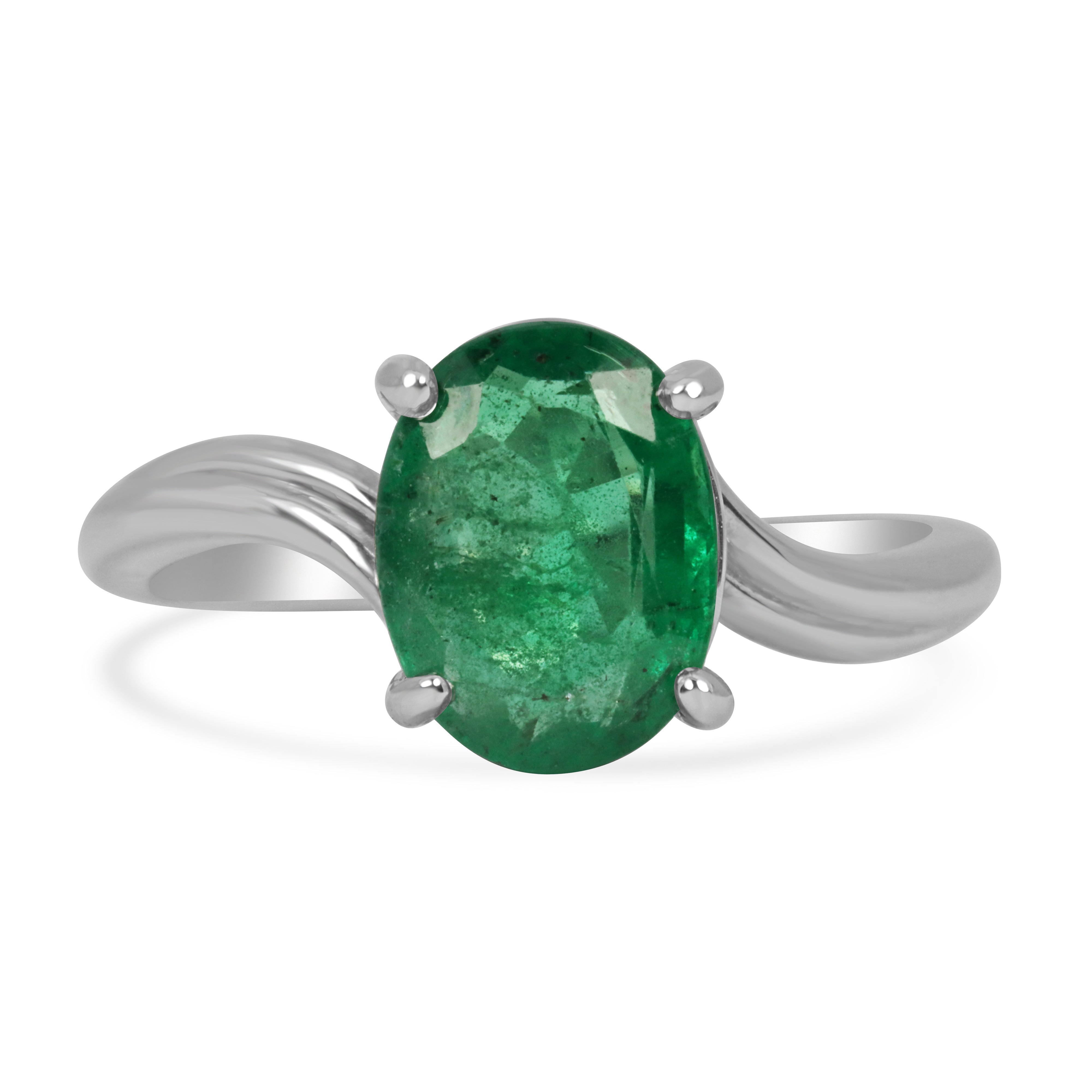 Natural 2.05ct oval emerald solitaire wave ring in 14K white gold by JR Colombian Emeralds, showcasing the elegant design and vibrant green gemstone.