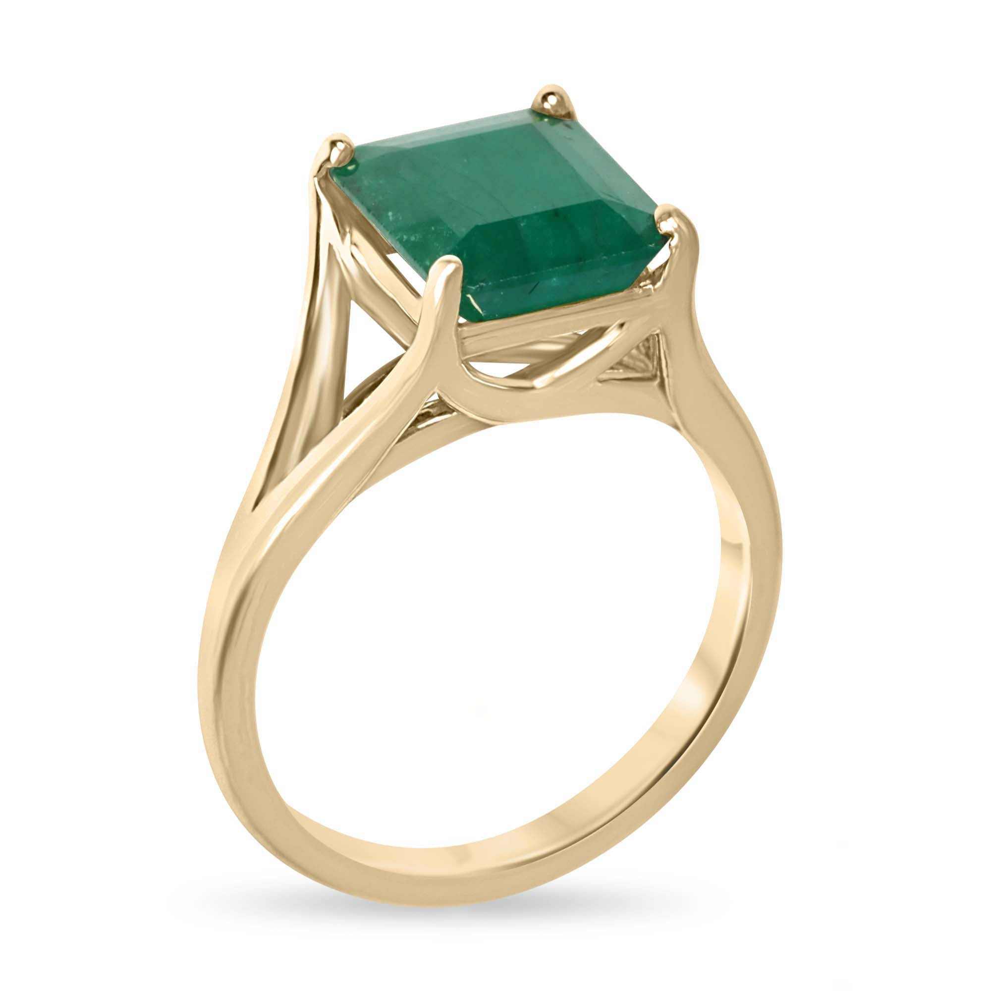 2.20ct 14K Mossy Green Asscher Cut Solitaire Split Shank Right Hand Ring - JR Colombian Emeralds