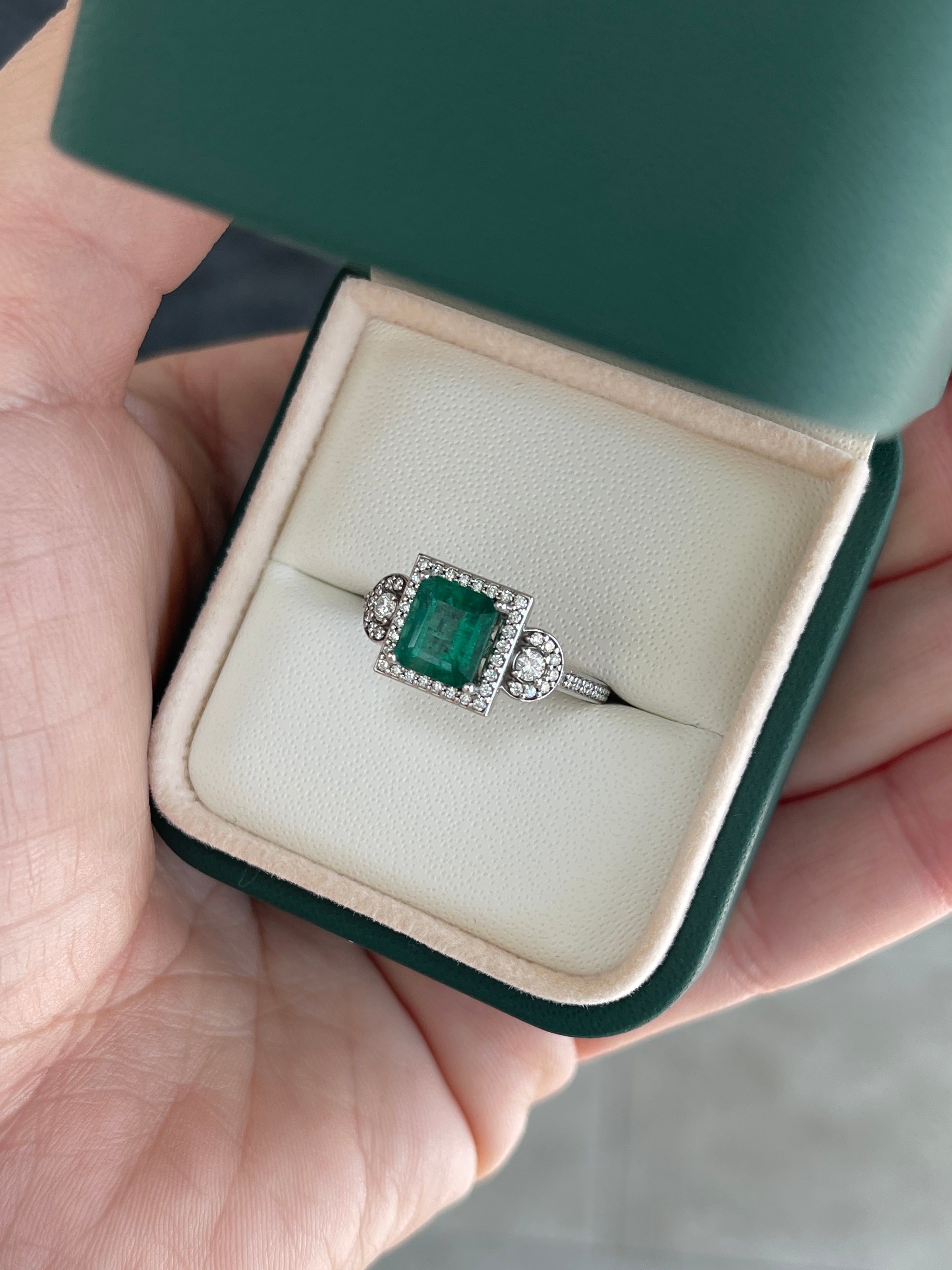14K green Asscher emerald and diamond halo engagement ring with 2.20tcw from JR Colombian Emeralds, photographed on a white background.