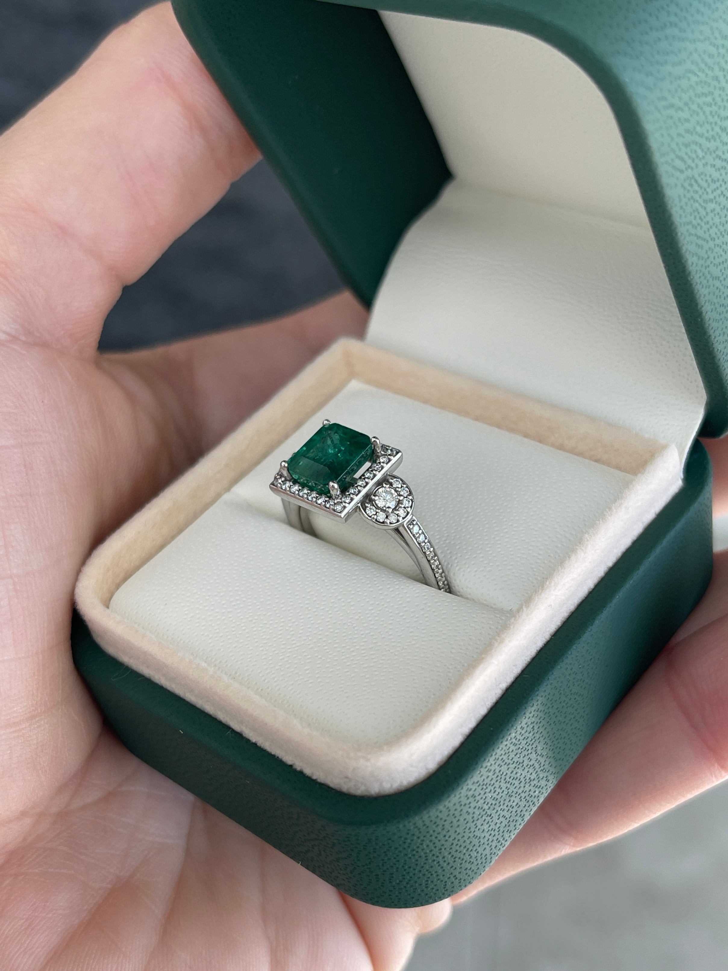 14K gold engagement ring with 2.20tcw Asscher cut green emerald and diamond halo accents by JR Colombian Emeralds.