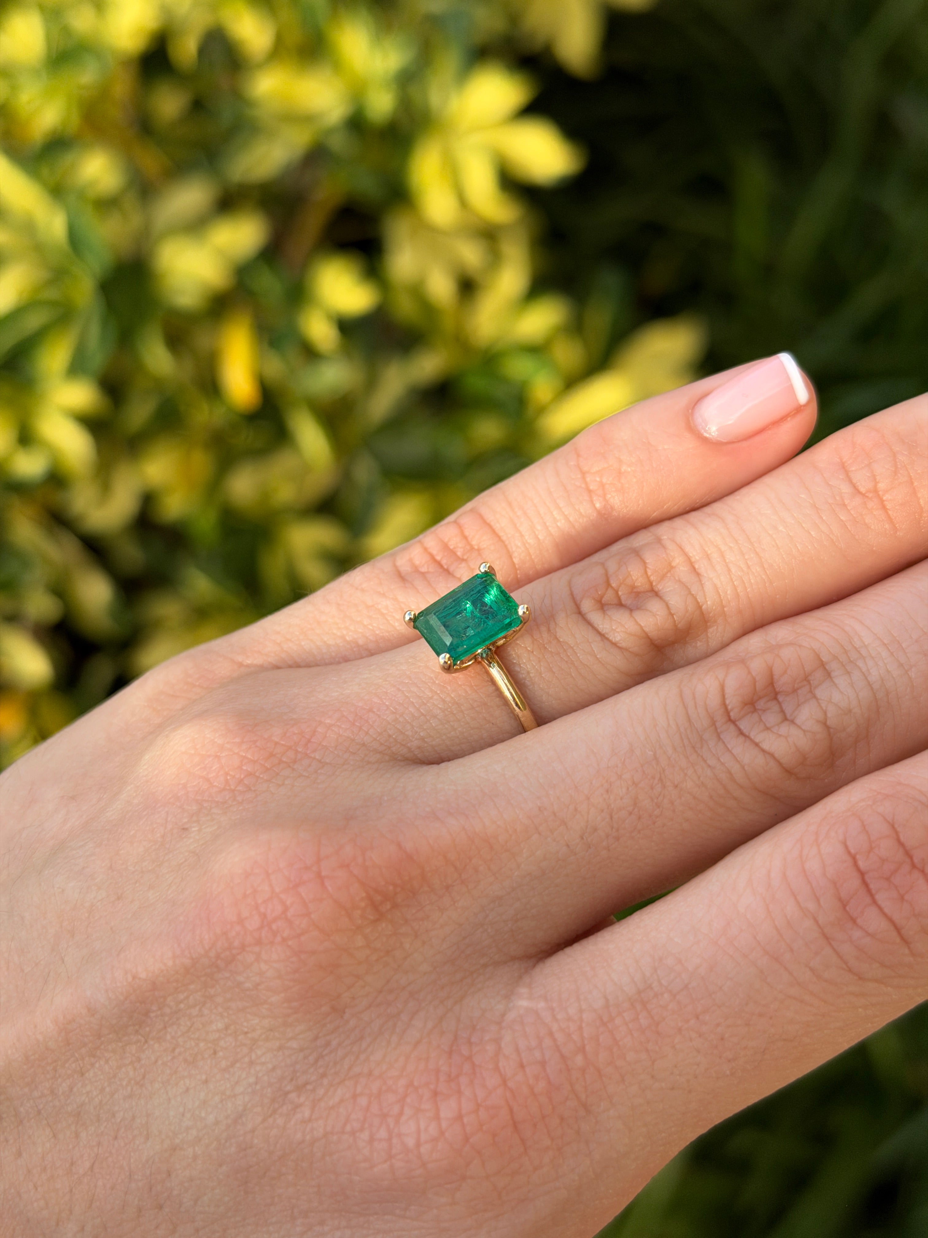 14K gold natural emerald solitaire ring with a 2.32 carat classic four prong setting by JR Colombian Emeralds