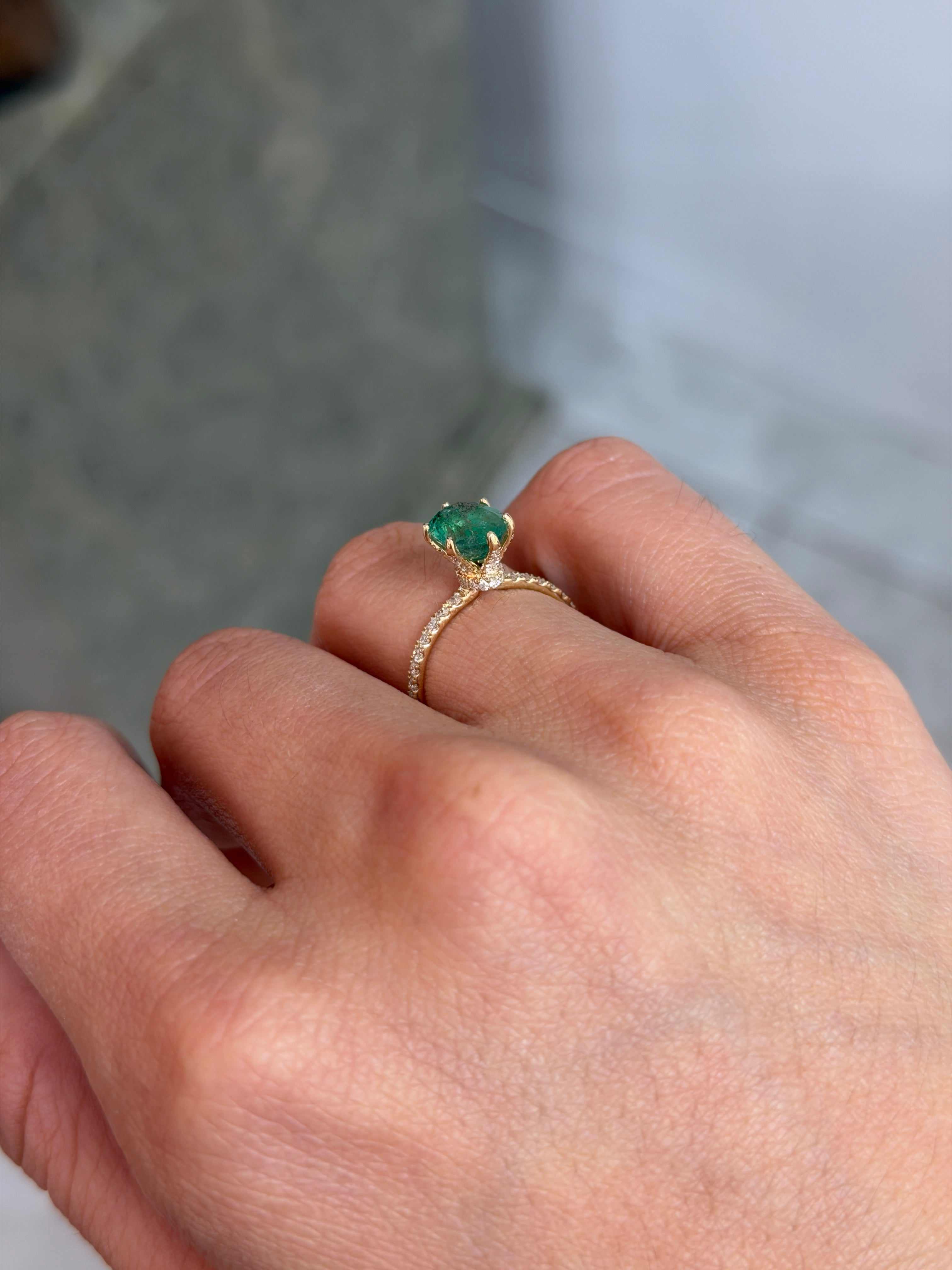 Oval freckled emerald engagement ring with lab diamond accents in 14K gold, featuring a 2.40tcw natural emerald and JR Colombian Emeralds branding.