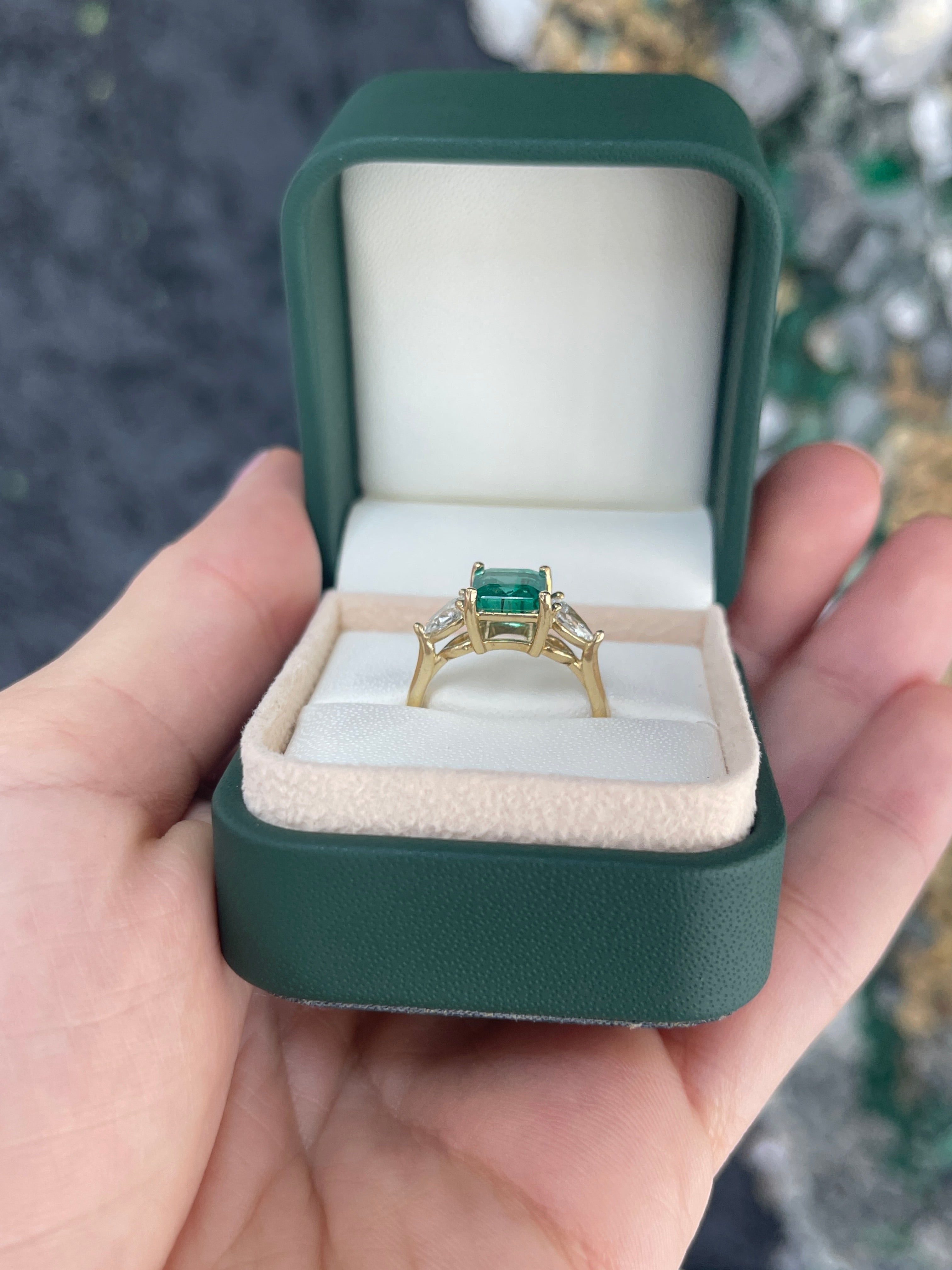 14K natural freckled emerald and lab diamond three-stone engagement ring with Asscher cut emerald and pear-shaped diamonds by JR Colombian Emeralds