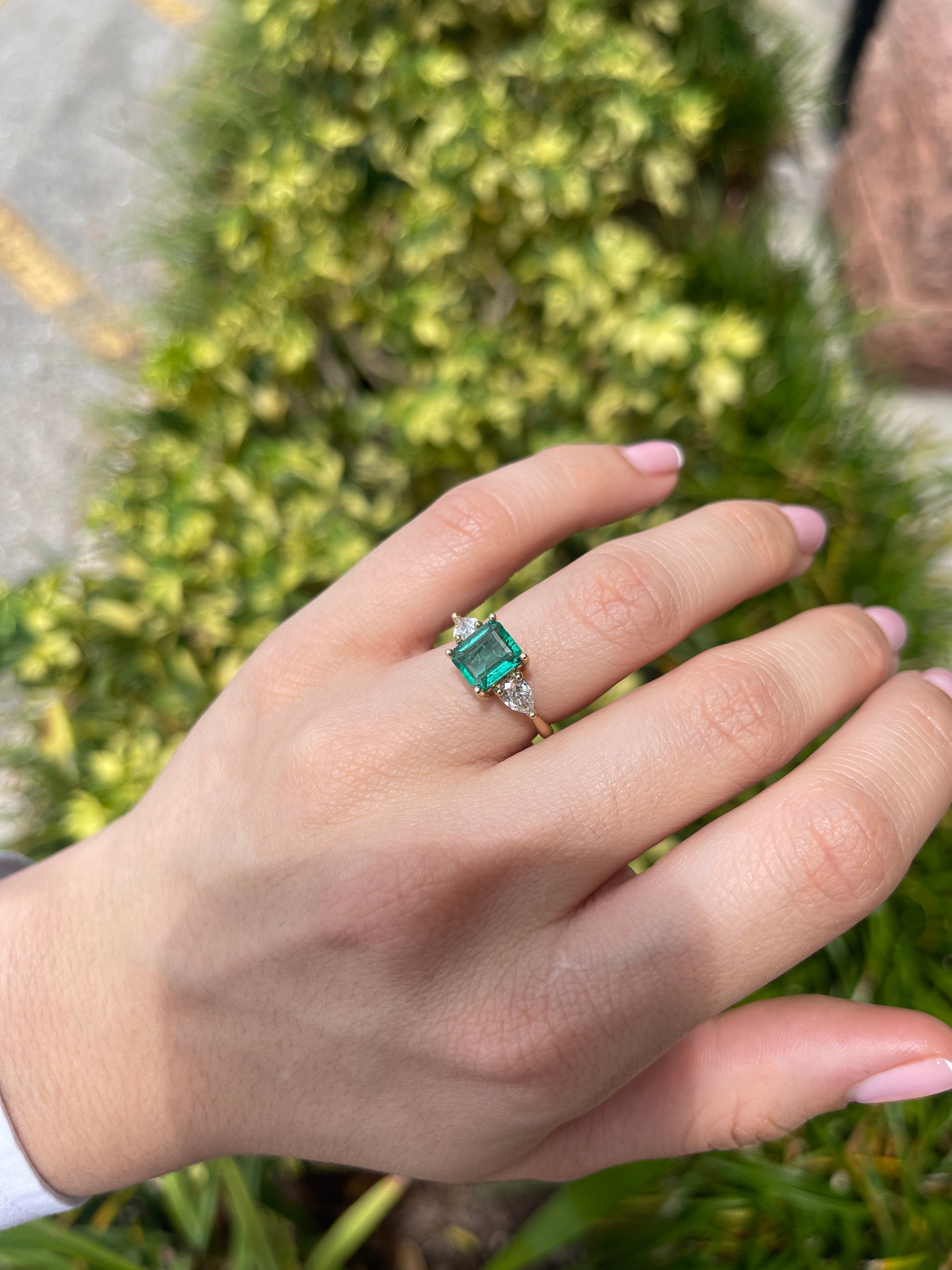 14K natural freckled emerald and lab diamond three-stone engagement ring with Asscher cut emerald and pear-shaped diamonds by JR Colombian Emeralds