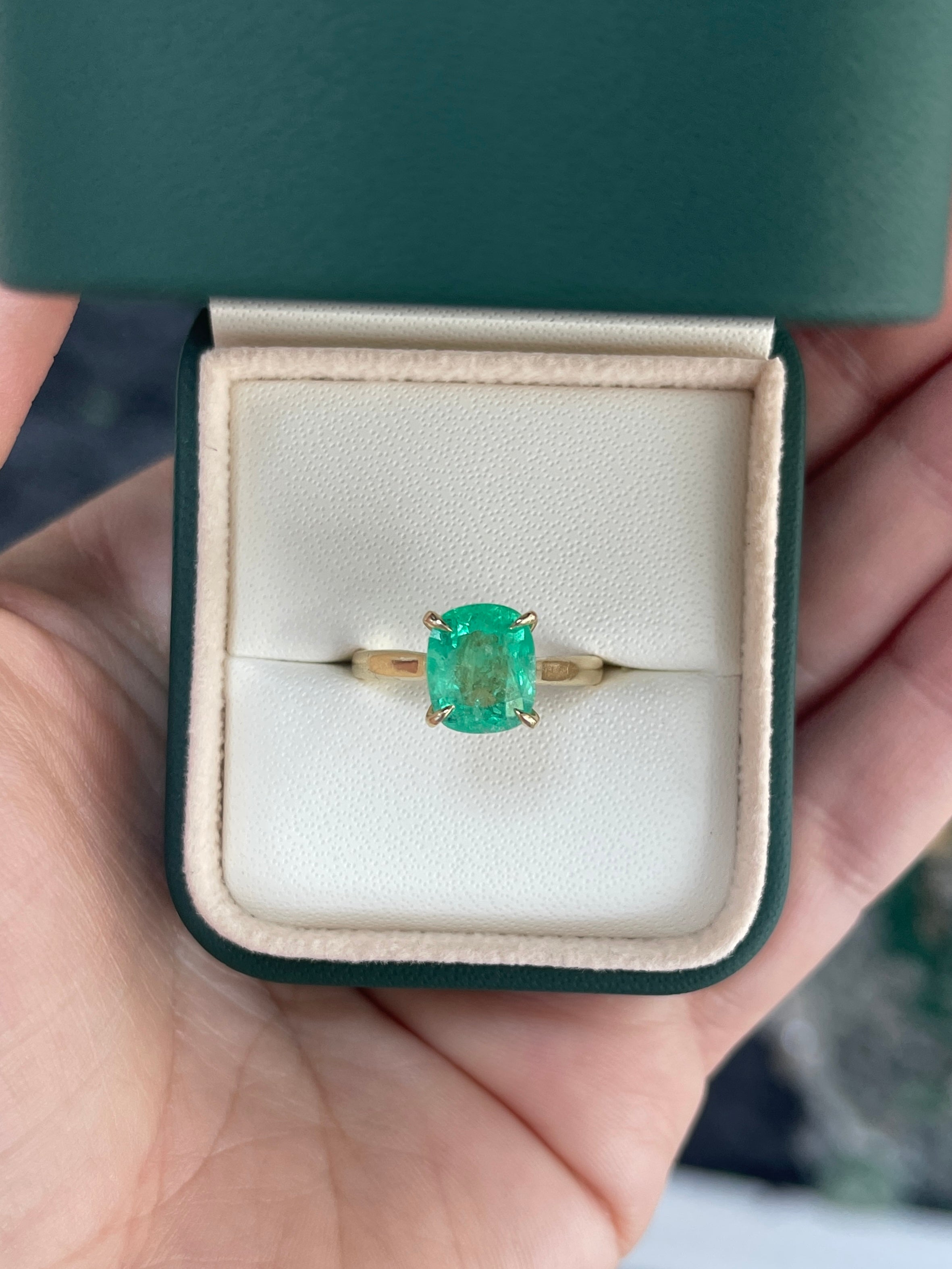 2.75ct 14K Electric Green Cushion Cut Colombian Emerald Cathedral Setting Solitaire Ring - JR Colombian Emeralds