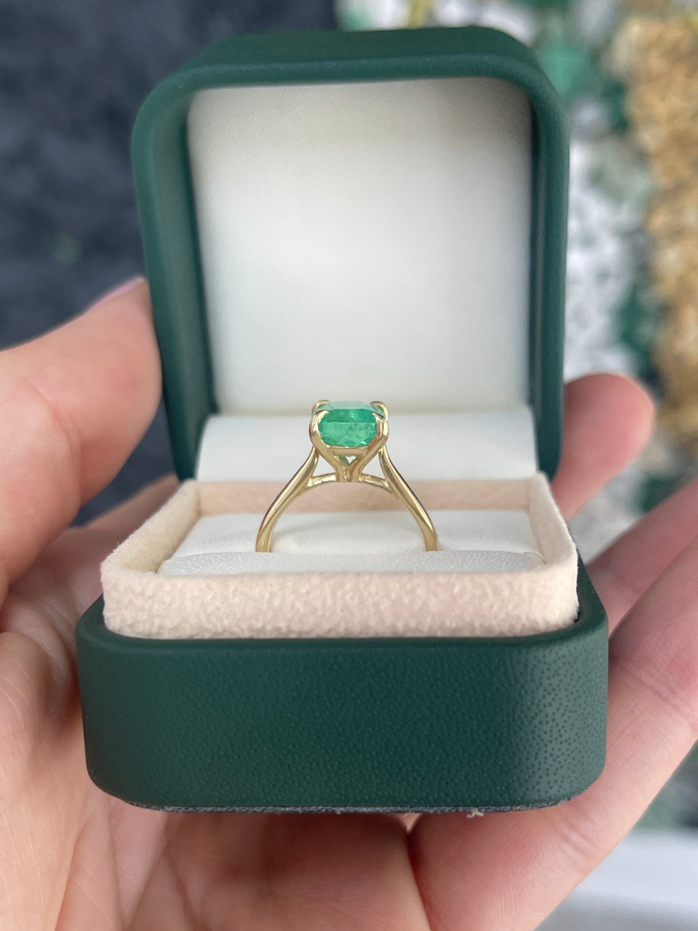 2.75ct 14K Electric Green Cushion Cut Colombian Emerald Cathedral Setting Solitaire Ring - JR Colombian Emeralds