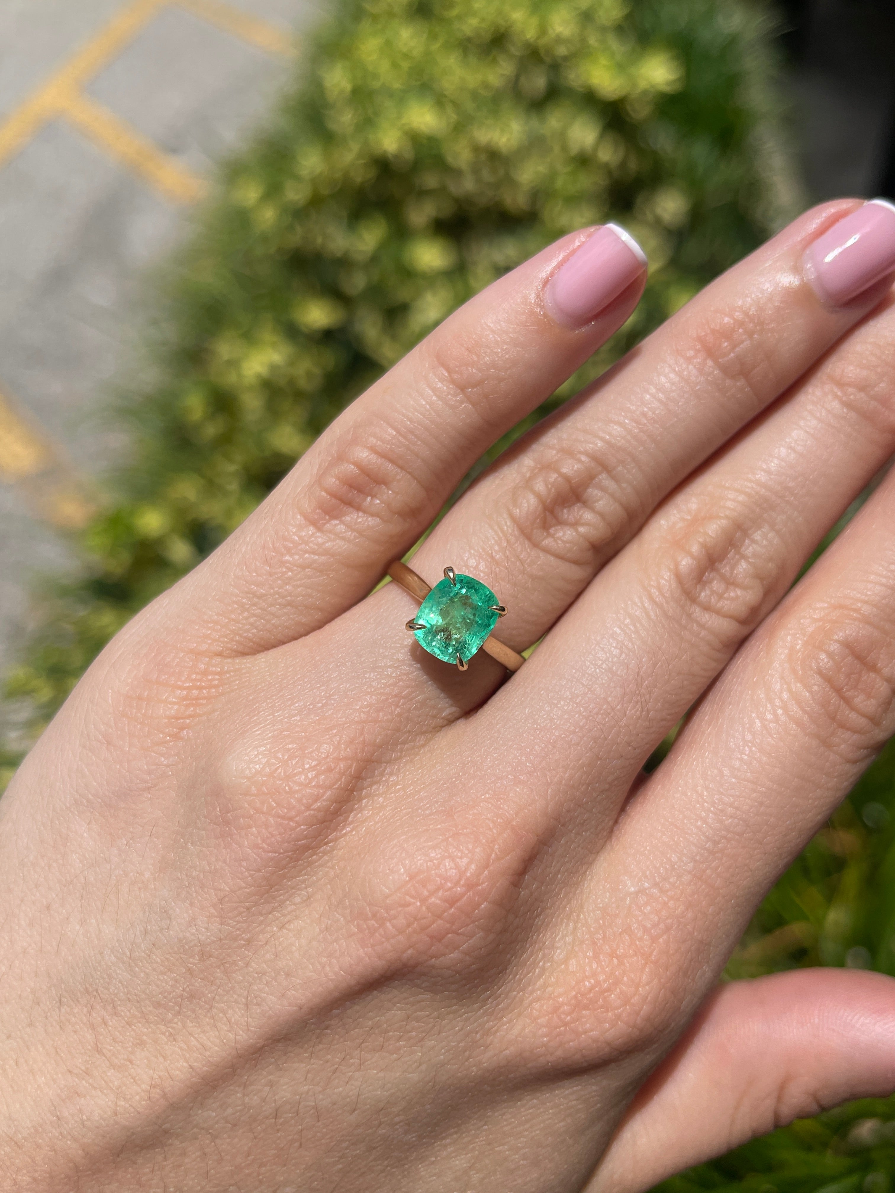 2.75ct 14K Electric Green Cushion Cut Colombian Emerald Cathedral Setting Solitaire Ring - JR Colombian Emeralds