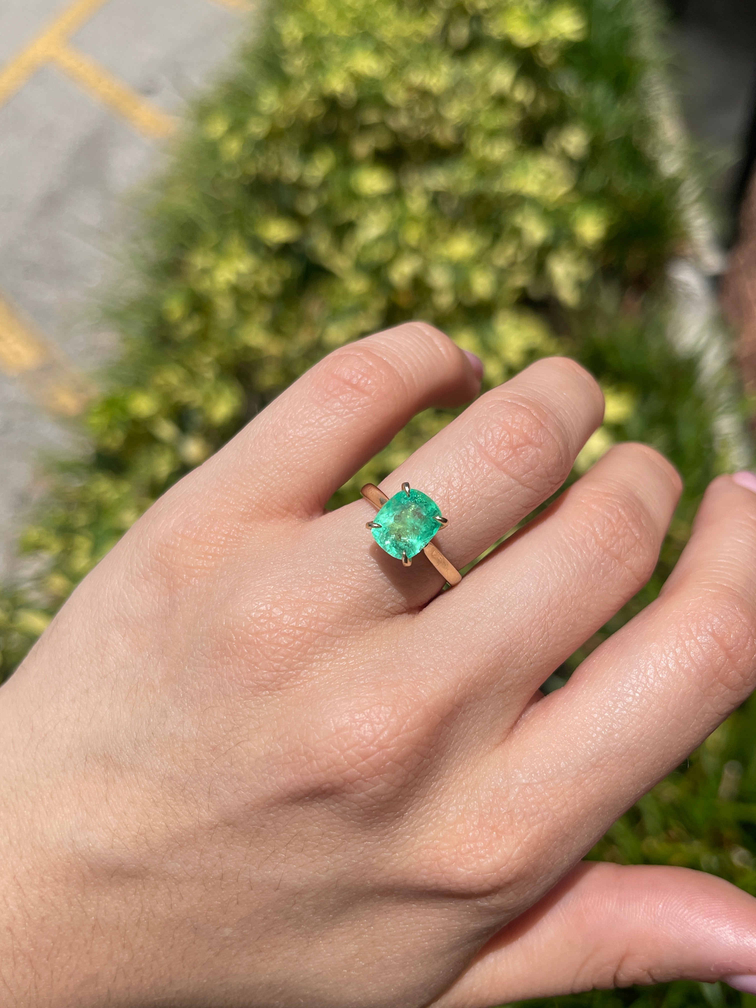 2.75ct 14K Electric Green Cushion Cut Colombian Emerald Cathedral Setting Solitaire Ring - JR Colombian Emeralds