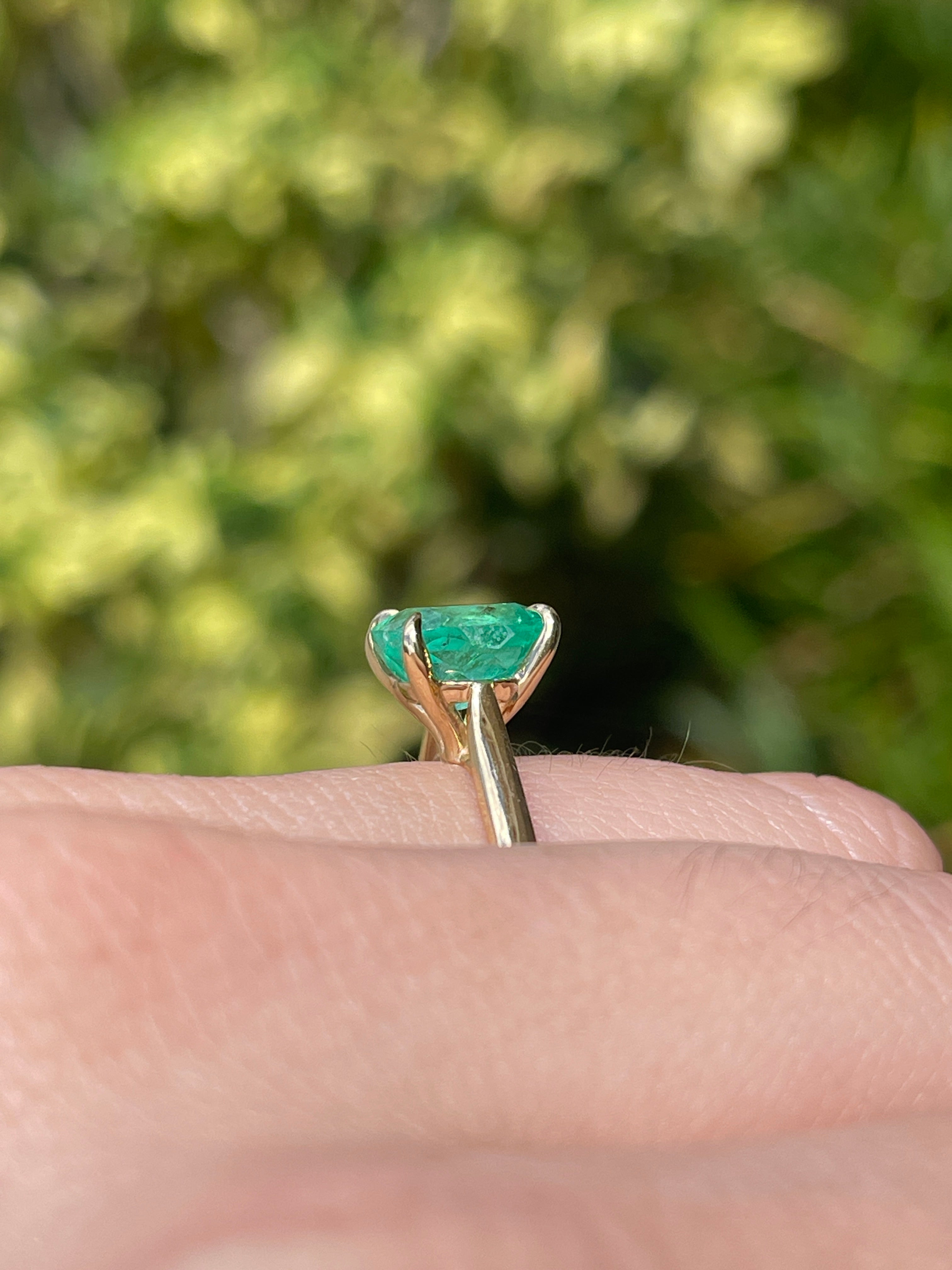 2.75ct 14K Electric Green Cushion Cut Colombian Emerald Cathedral Setting Solitaire Ring - JR Colombian Emeralds