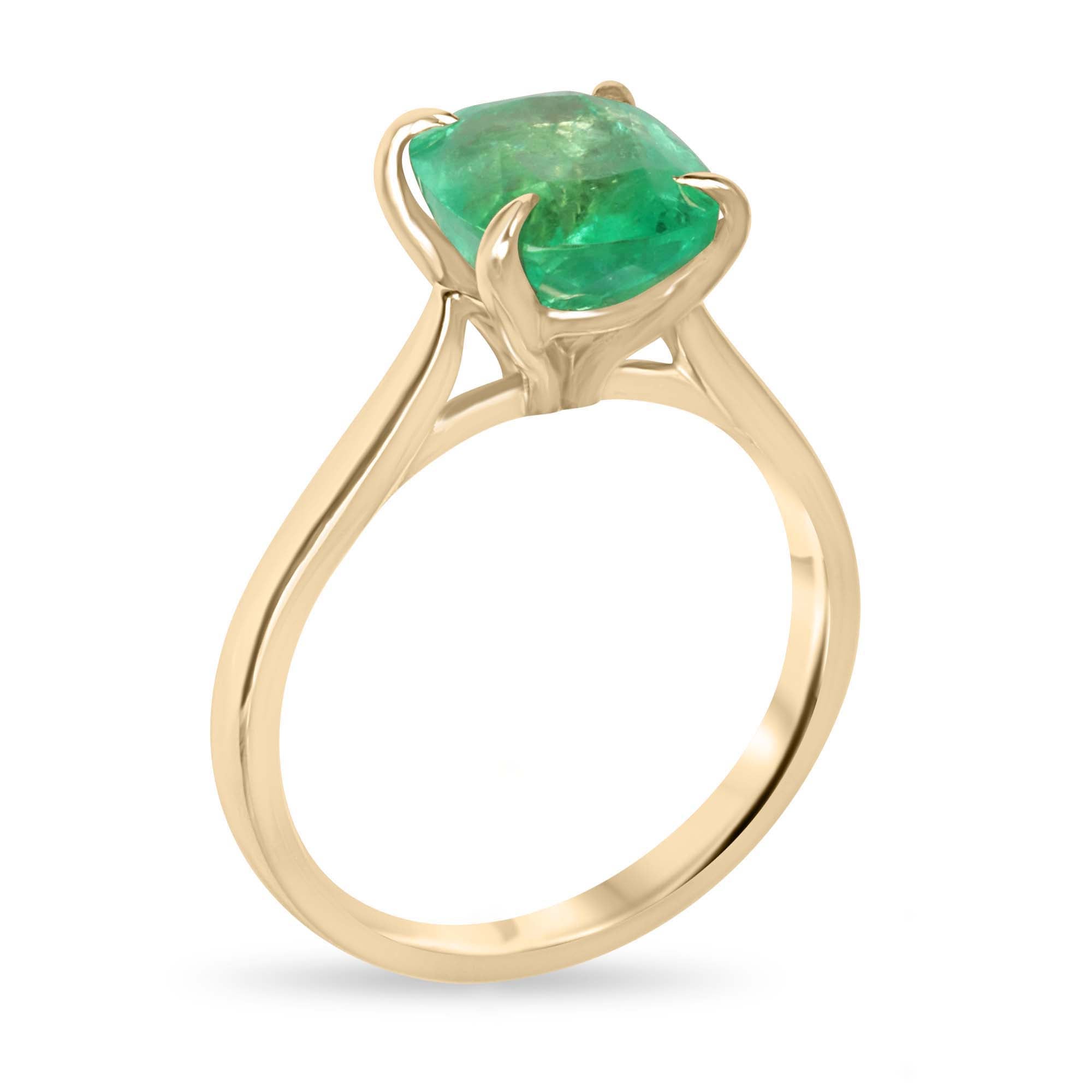 2.75ct 14K Electric Green Cushion Cut Colombian Emerald Cathedral Setting Solitaire Ring - JR Colombian Emeralds