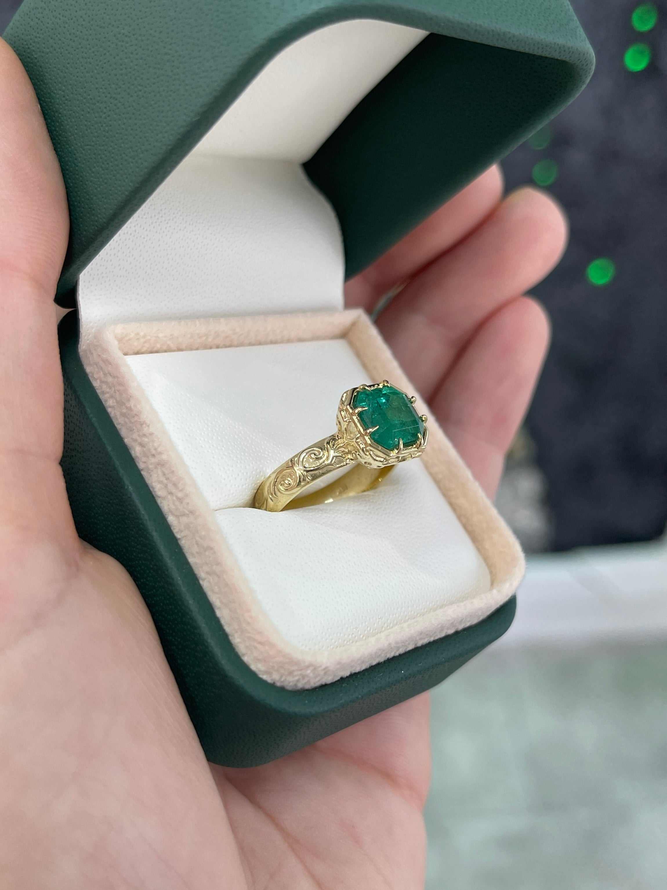 2.85 Carat 14K Scroll Work Chunky Emerald Cut Ladies Engagement Ring - JR Colombian Emeralds