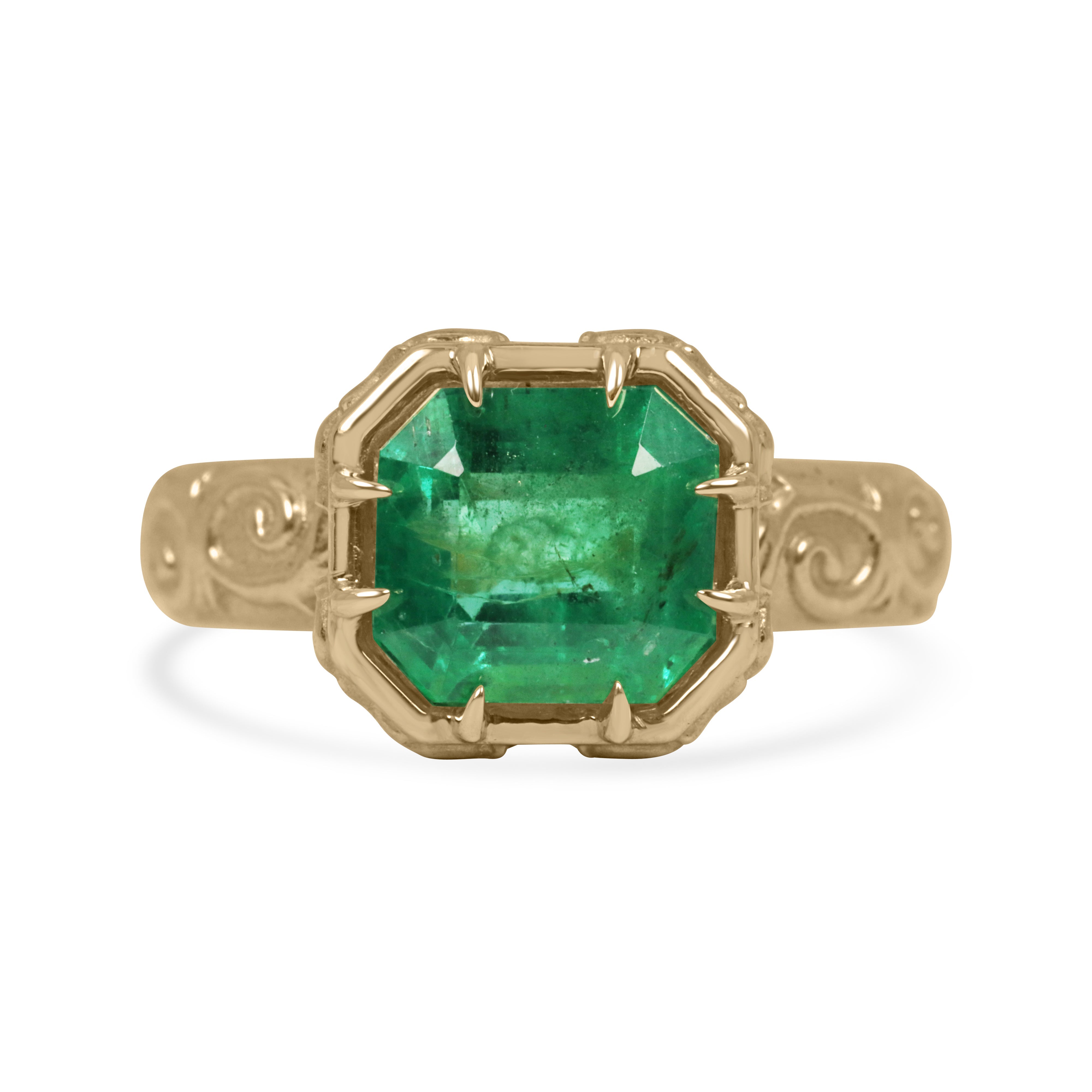 14K yellow gold engagement ring with 2.85 carat emerald cut emerald and scroll work detailing