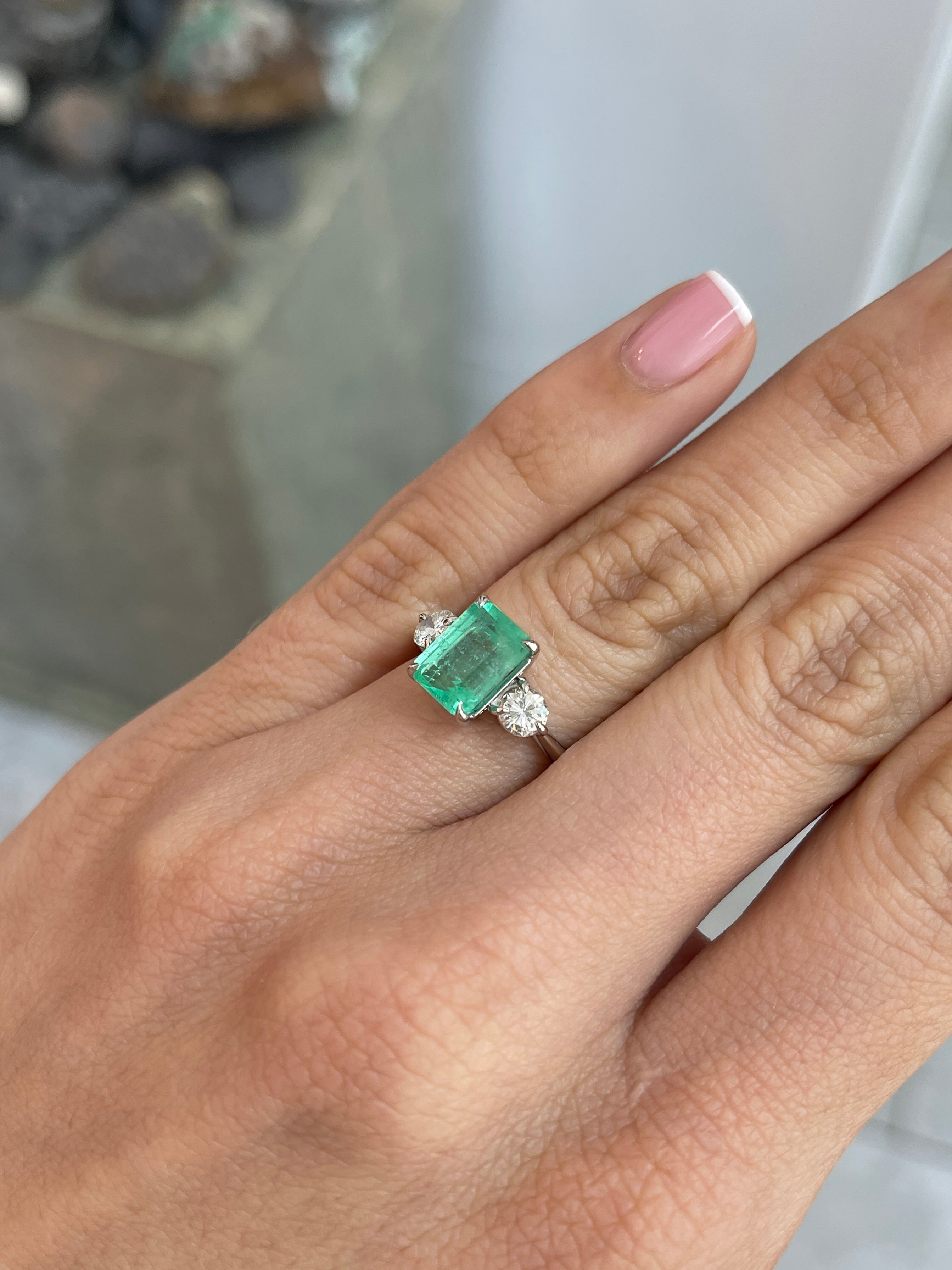 2.95tcw Emerald Cut Colombian Emerald And Diamond Three Stone Engagement Ring 14K White Gold - JR Colombian Emeralds