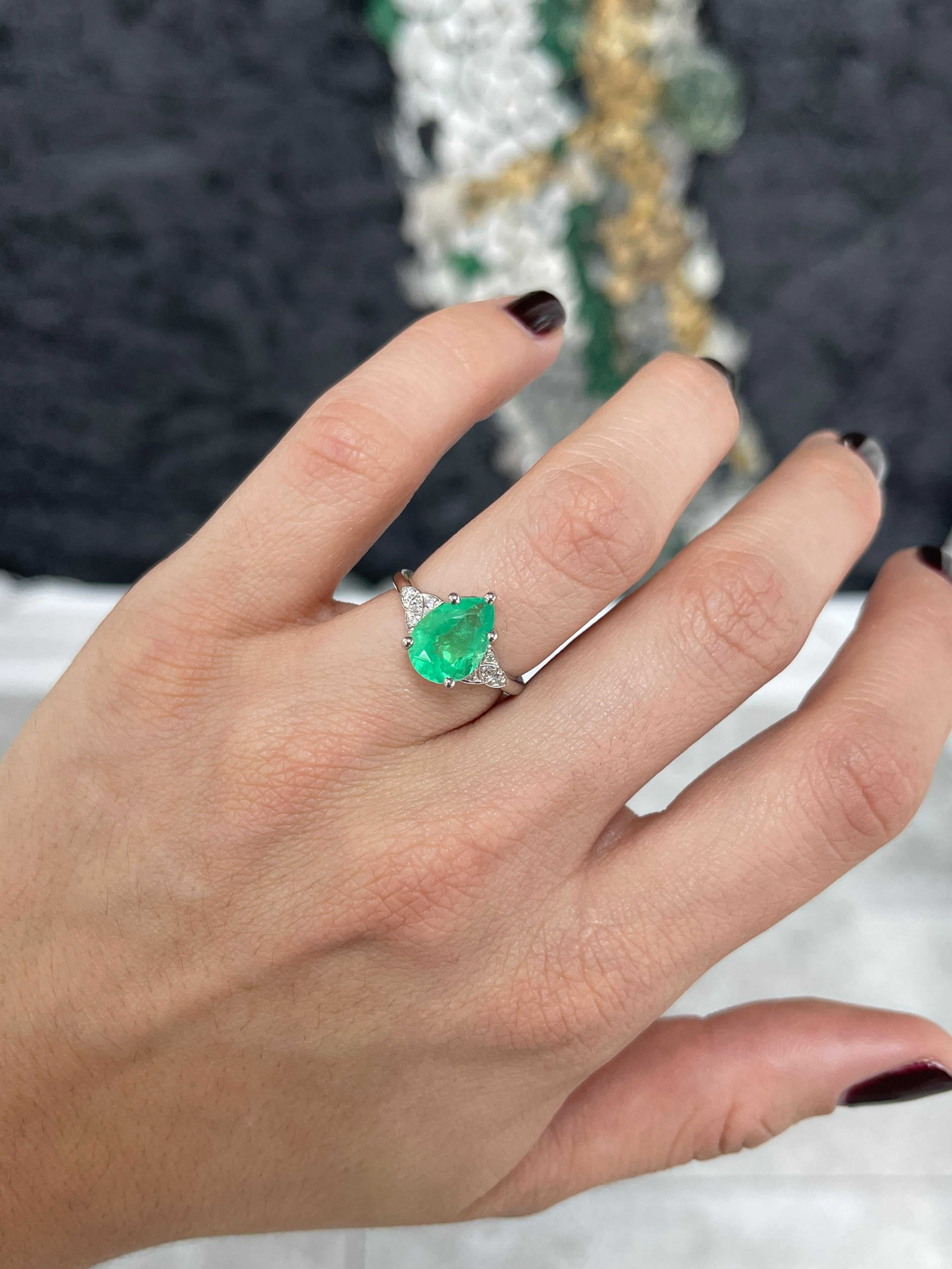 3.11tcw 14K Pear Shaped Emerald & Diamond Accent Ring White Gold - JR Colombian Emeralds