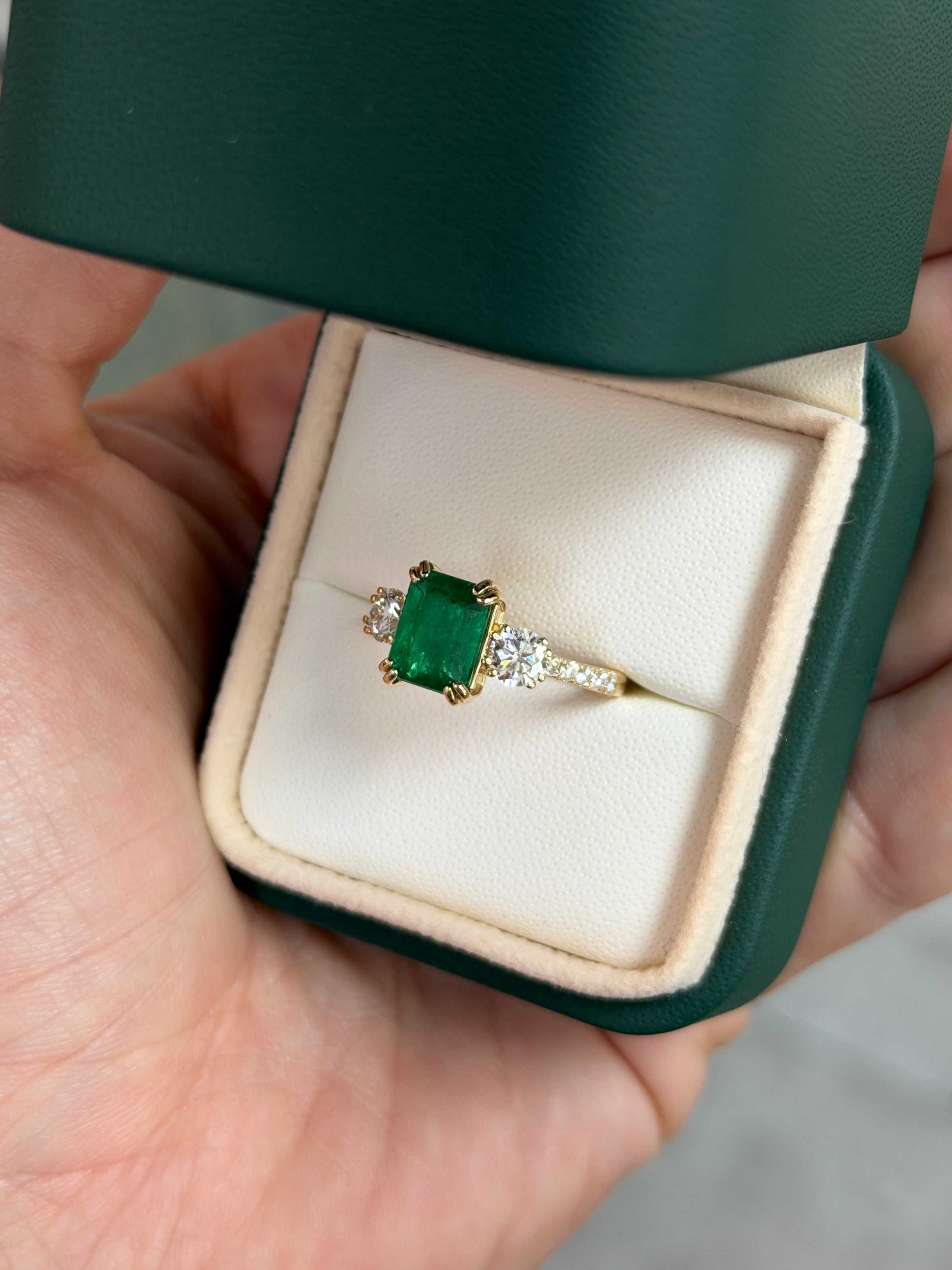 3.16tcw Classic Emerald Cut & Lab Diamond Three Stone with Accents 14K - JR Colombian Emeralds