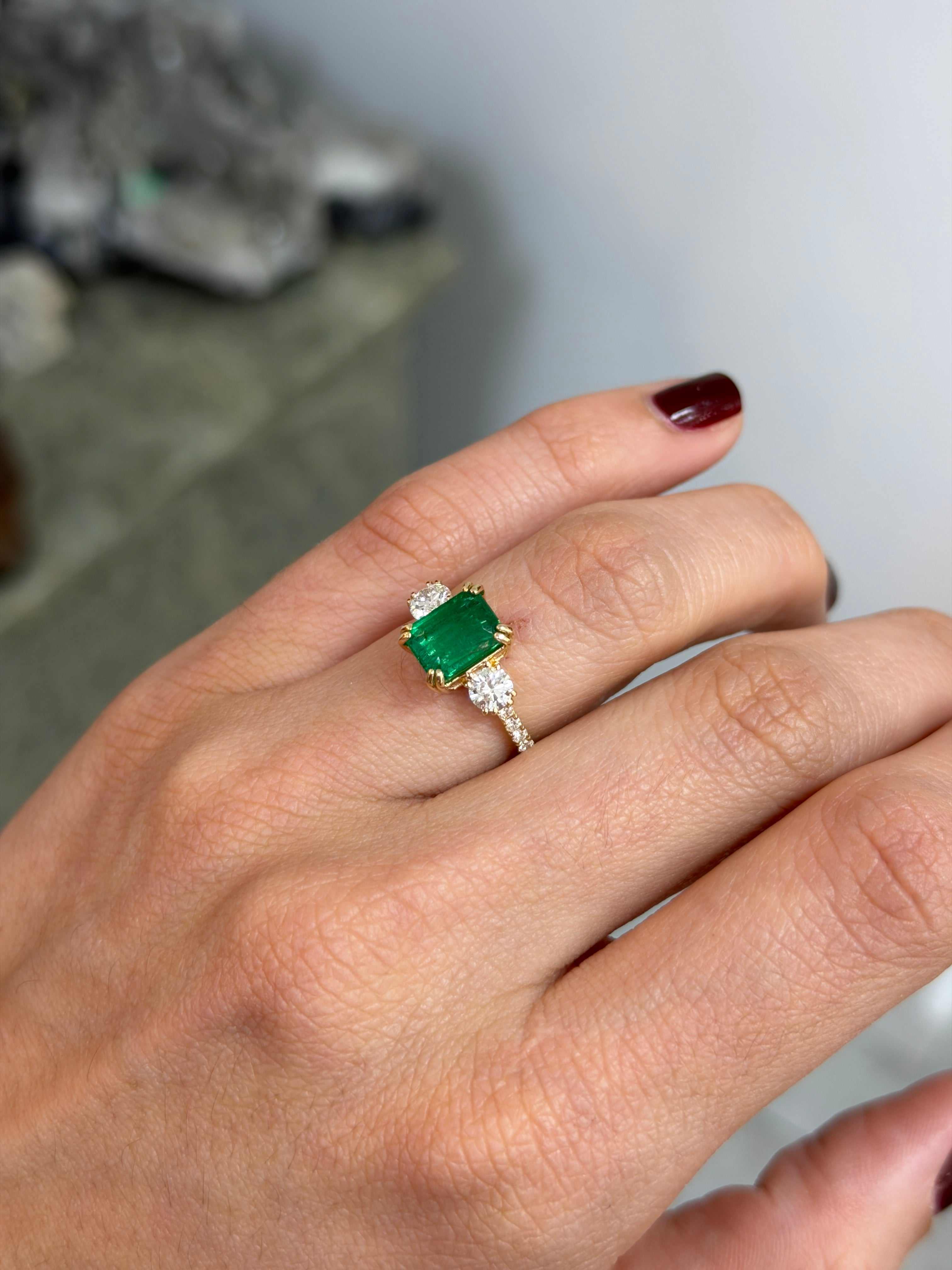 3.16tcw Classic Emerald Cut & Lab Diamond Three Stone with Accents 14K - JR Colombian Emeralds