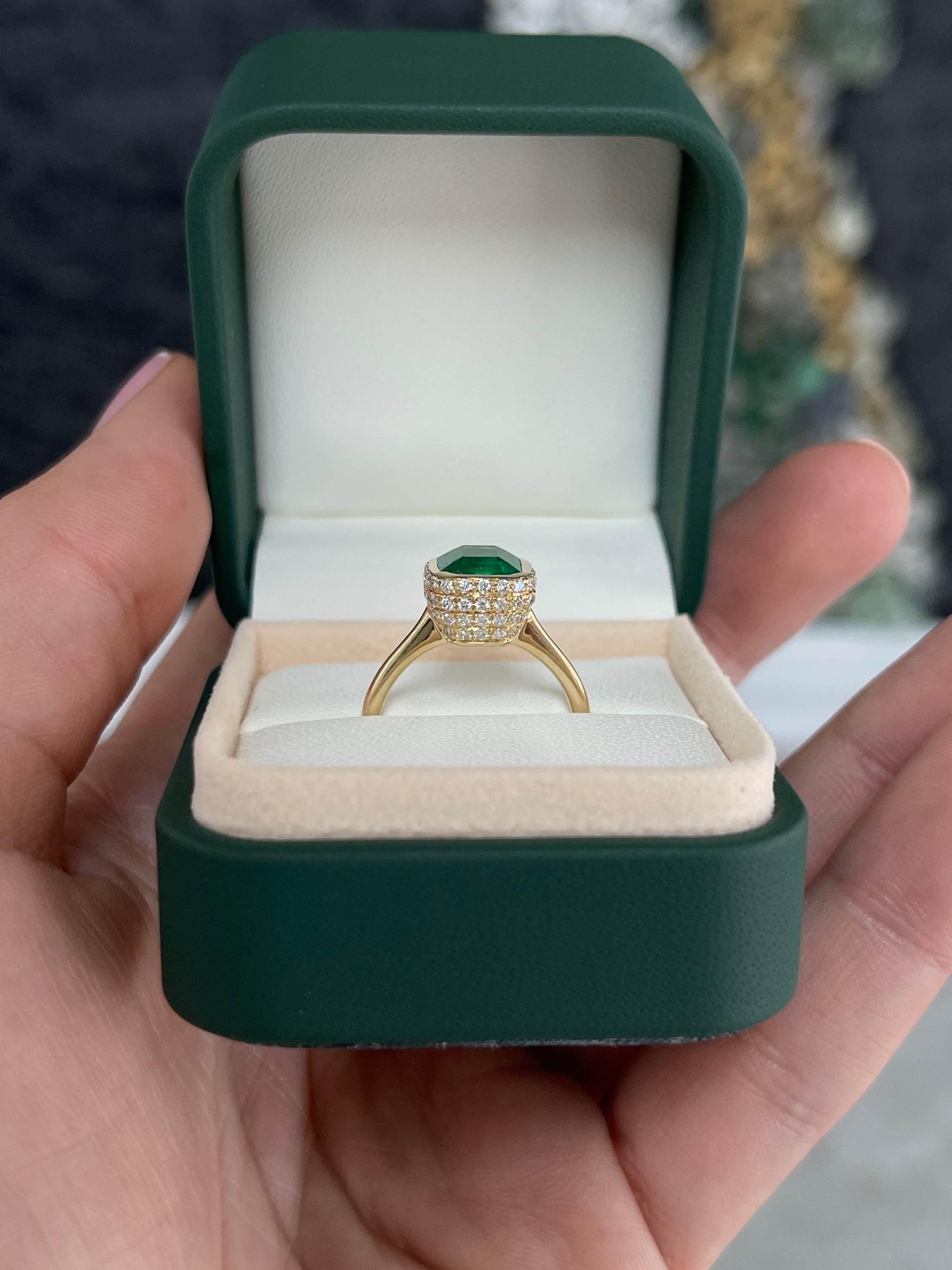 14K Colombian emerald and diamond pave statement ring with bezel setting and hidden halo, featuring a 3.19tcw gemstone from JR Colombian Emeralds.