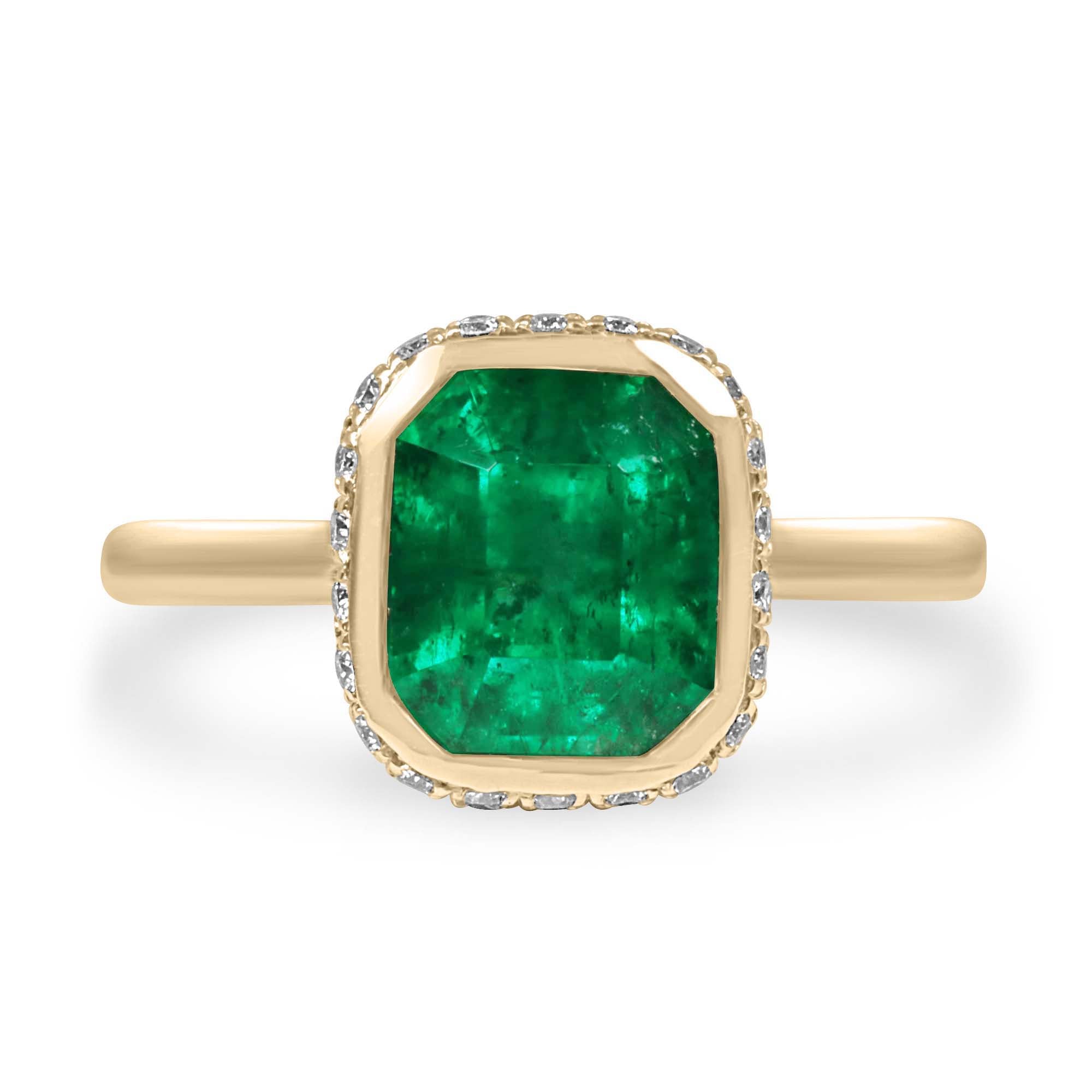 14K Colombian emerald statement ring with bezel setting, diamond pave hidden halo, featuring 3.19 carats from JR Colombian Emeralds