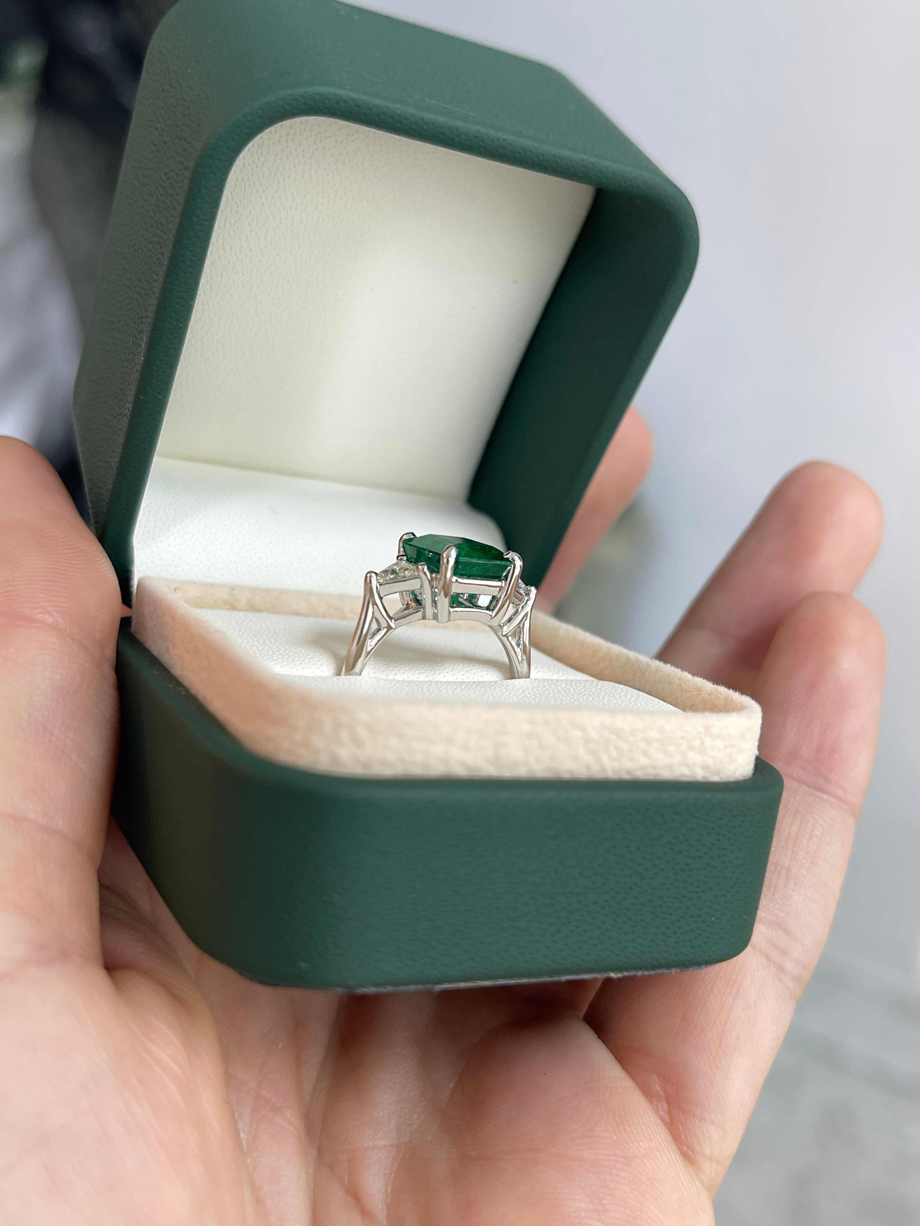 3.26tcw Natural Zambian Emerald Cut Ring With Trillion Diamonds 18K White Gold - JR Colombian Emeralds