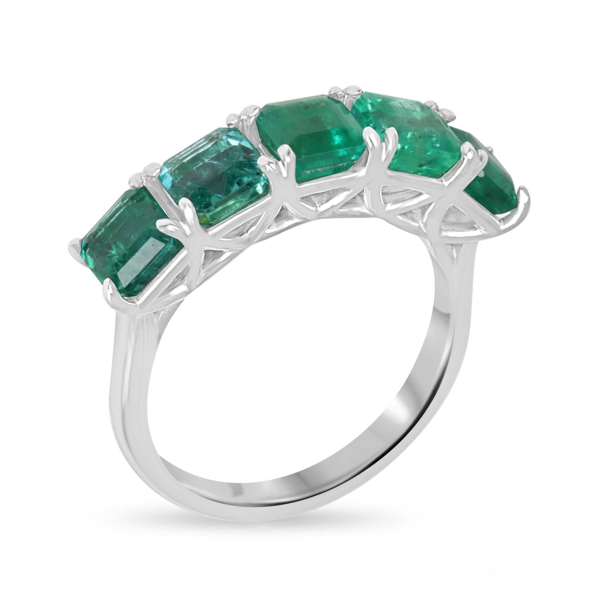 3.30tcw Platinum Natural Emerald Asscher Cut Five Stone Wedding Band Ring - JR Colombian Emeralds