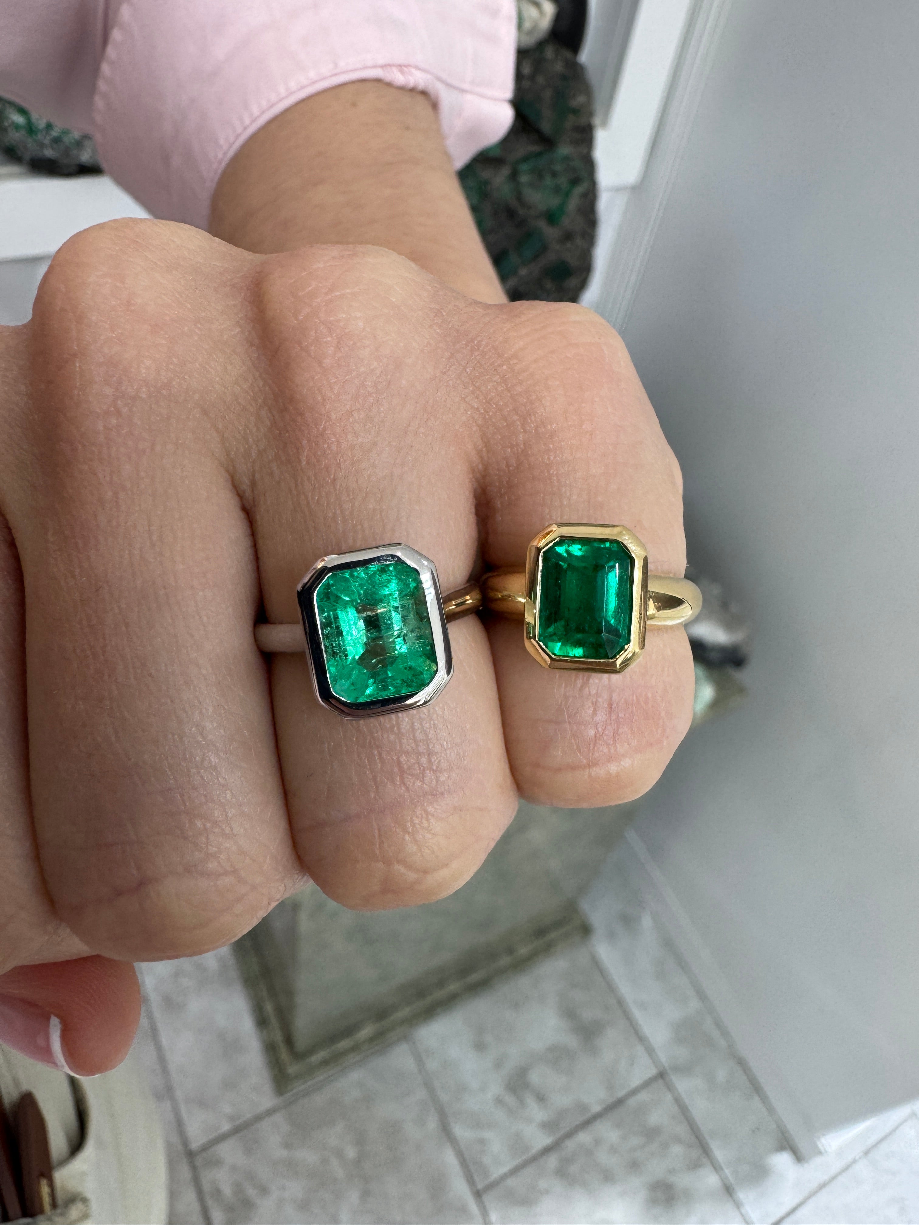 18K white gold ring with a 3.46ct bezel-set Colombian emerald solitaire, featuring vibrant Chivor green emeralds by JR Colombian Emeralds.