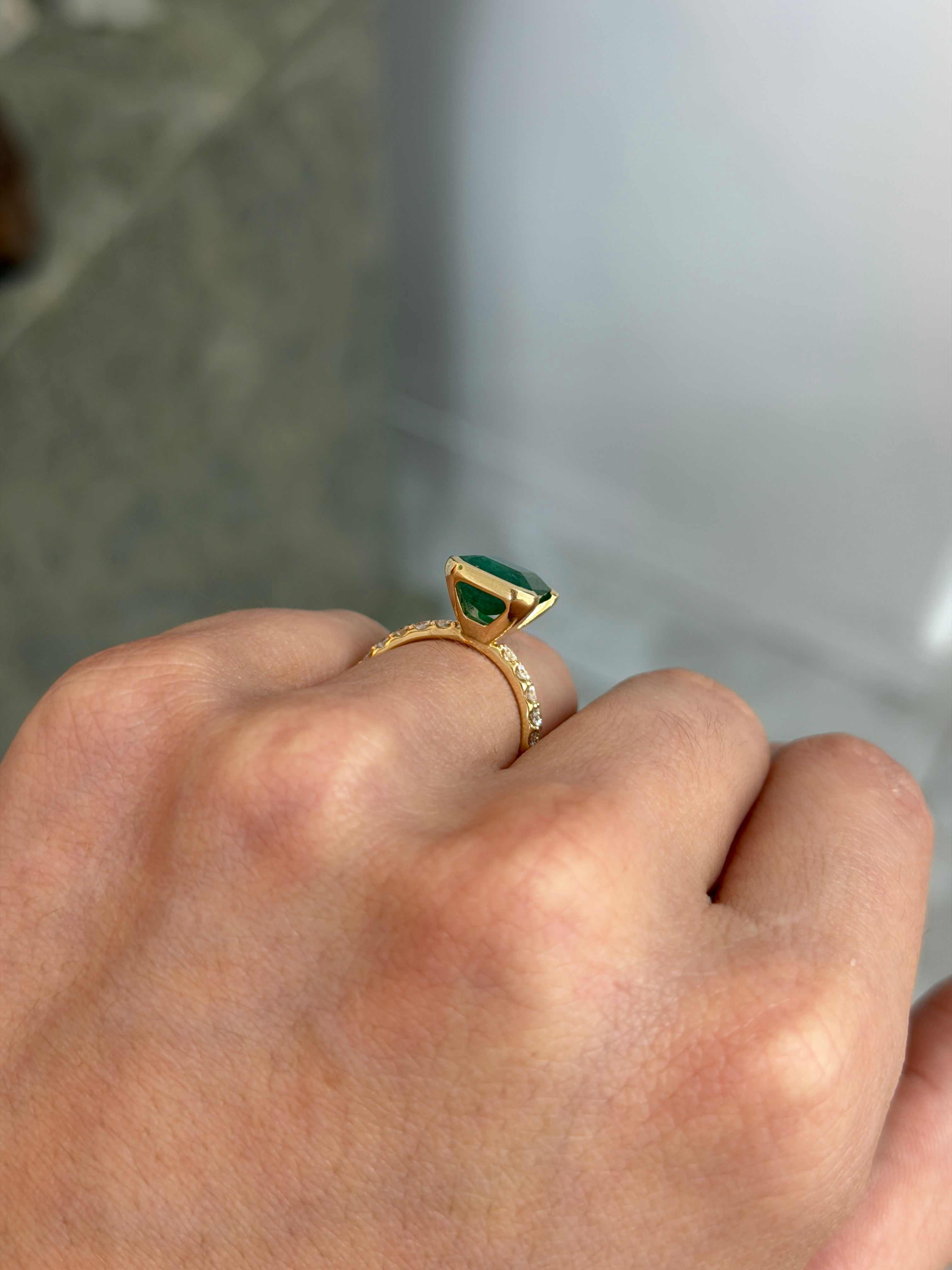 Natural emerald solitaire ring with diamond accents, 3.69 tcw, semi-bezel setting, 14K gold, by JR Colombian Emeralds.