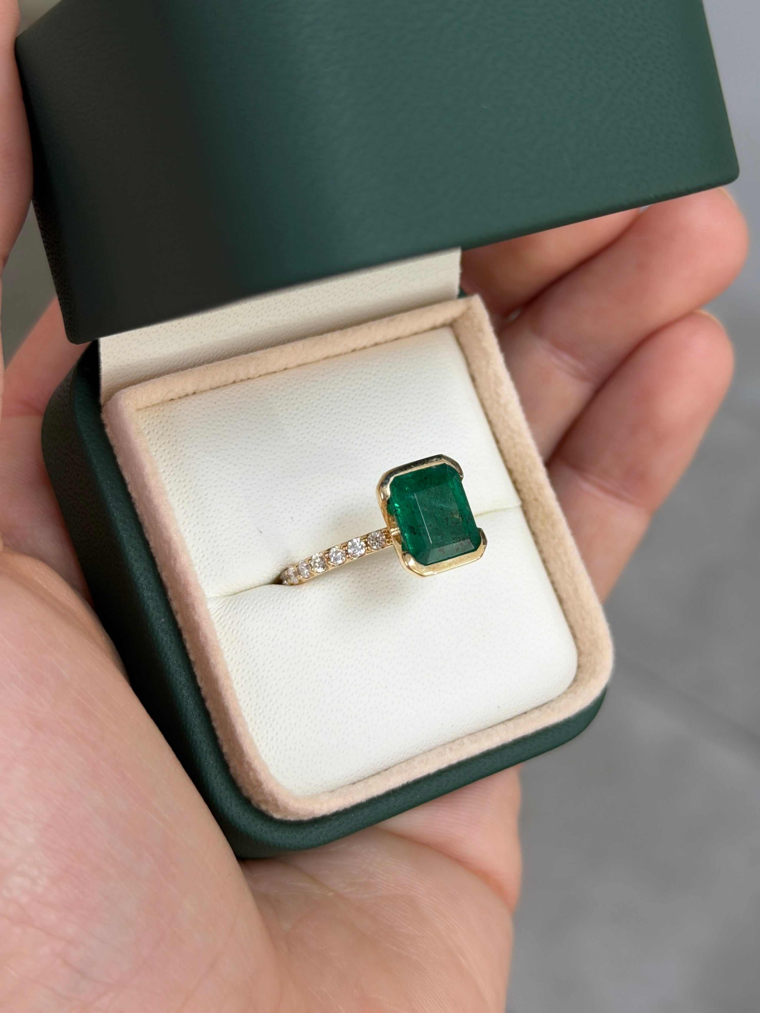 Natural emerald solitaire ring with diamond accents, 3.69tcw, semi bezel setting, 14K gold, by JR Colombian Emeralds.