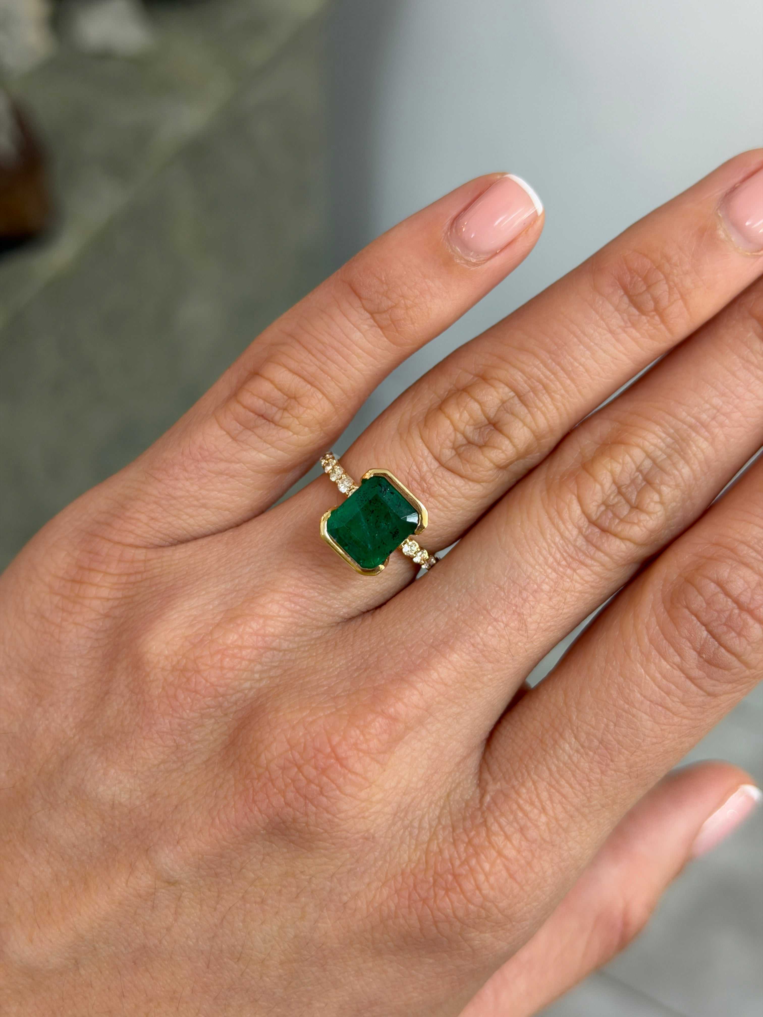 Natural emerald solitaire ring with diamond accents, 3.69tcw semi-bezel setting in 14K gold by JR Colombian Emeralds.