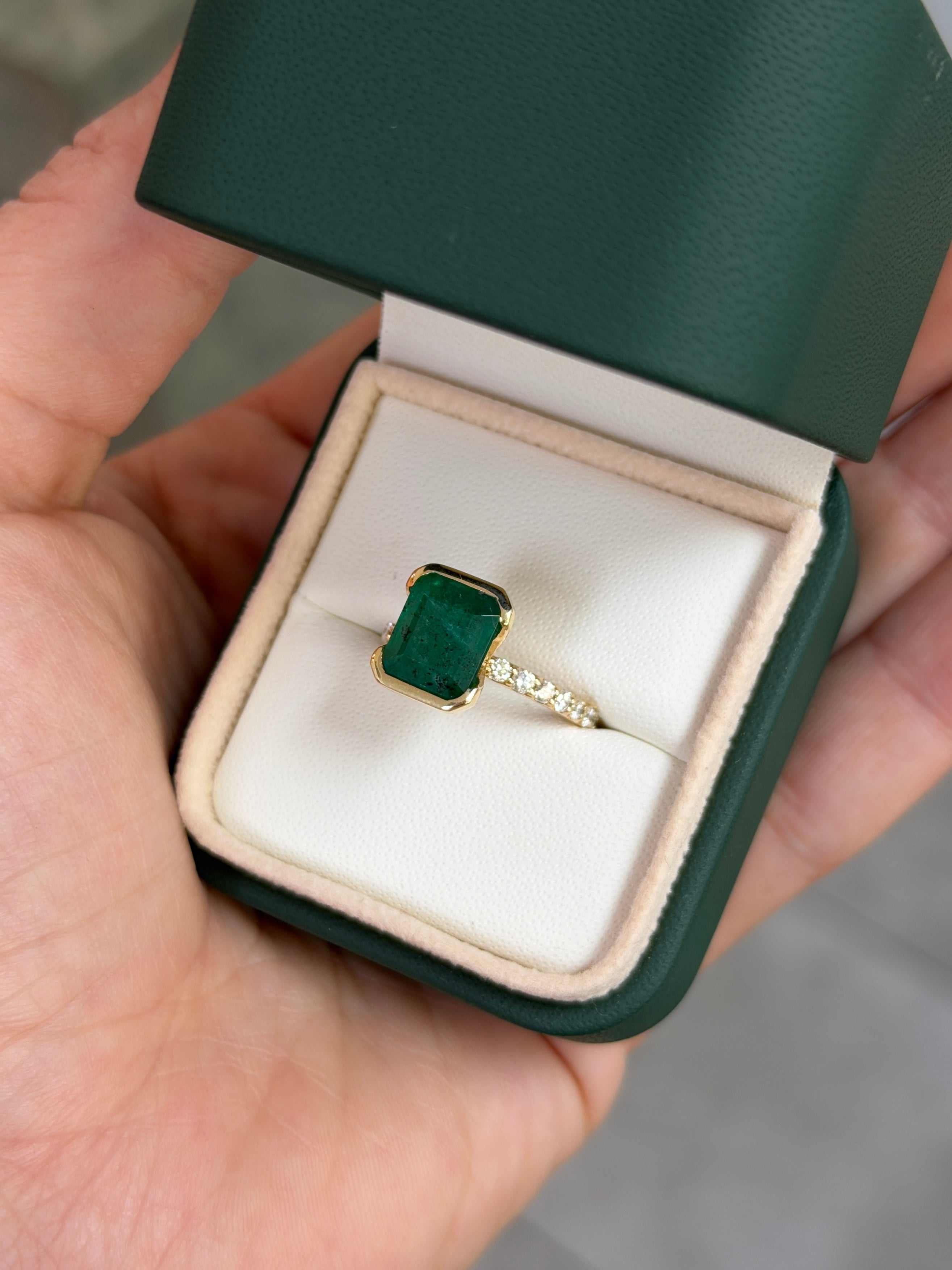 Natural emerald solitaire ring with diamond accents, 3.69tcw, semi bezel setting, 14K gold, by JR Colombian Emeralds.
