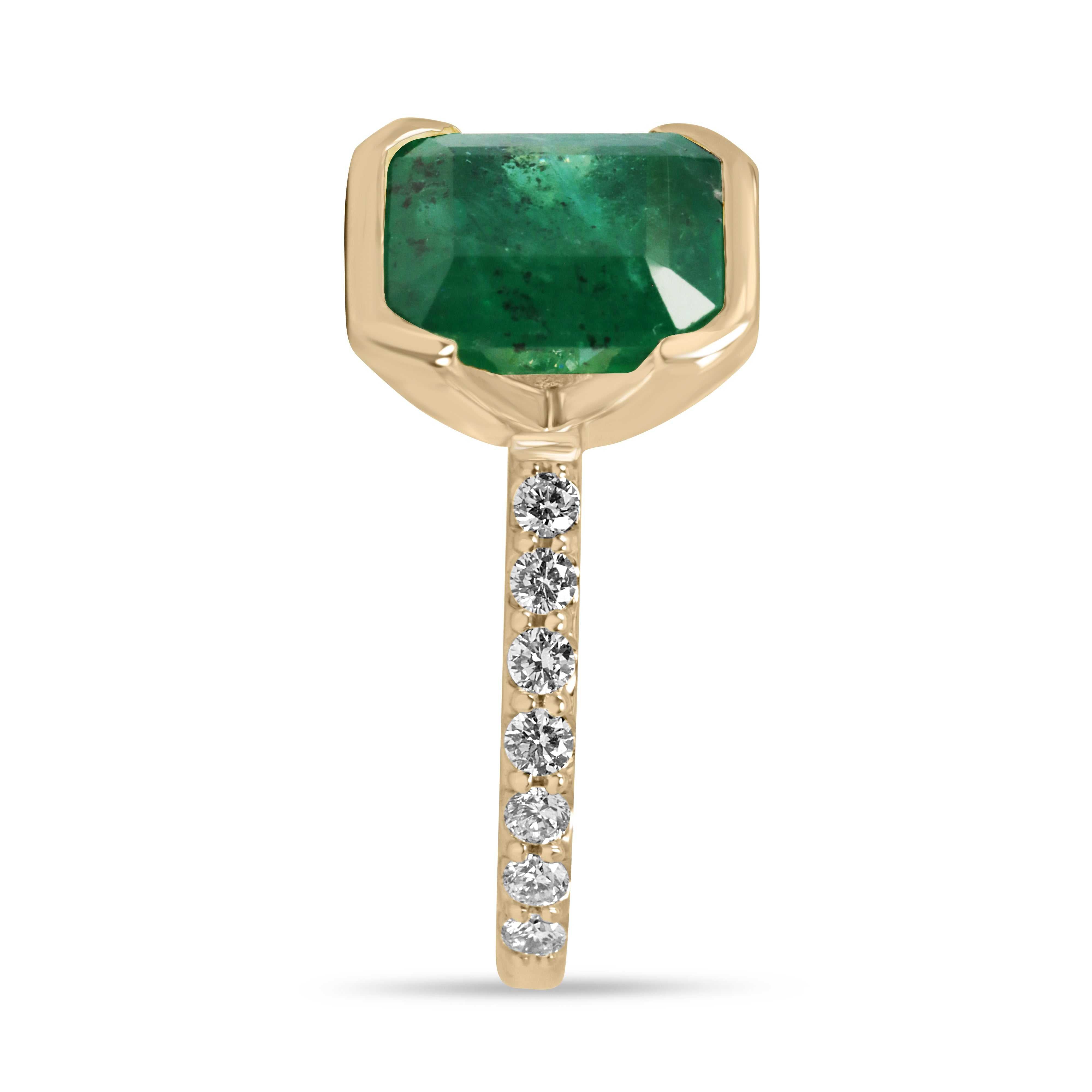 Natural emerald solitaire ring with diamond accents, 14K gold, featuring a 3.69tcw emerald, designed for stacking, by JR Colombian Emeralds.