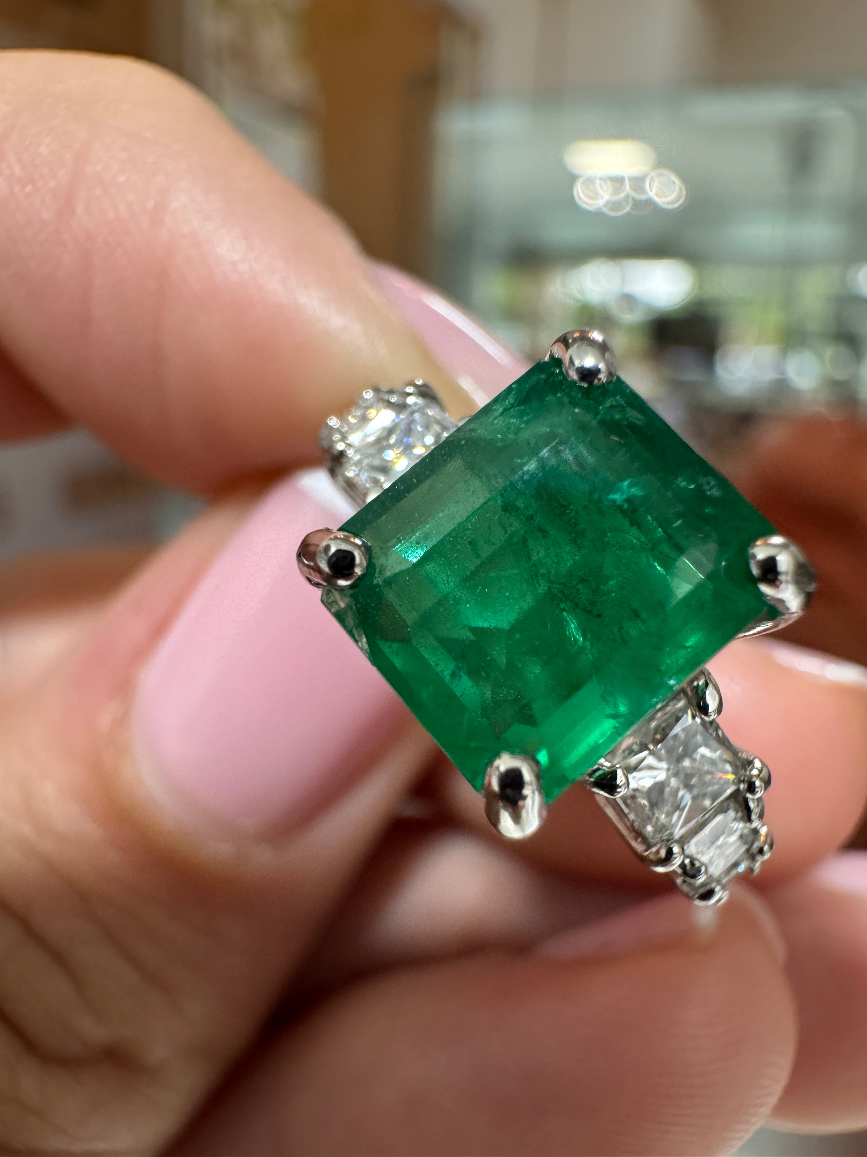 14K white gold engagement ring with 3.87tcw natural emerald center stone and lab diamond accents by JR Colombian Emeralds