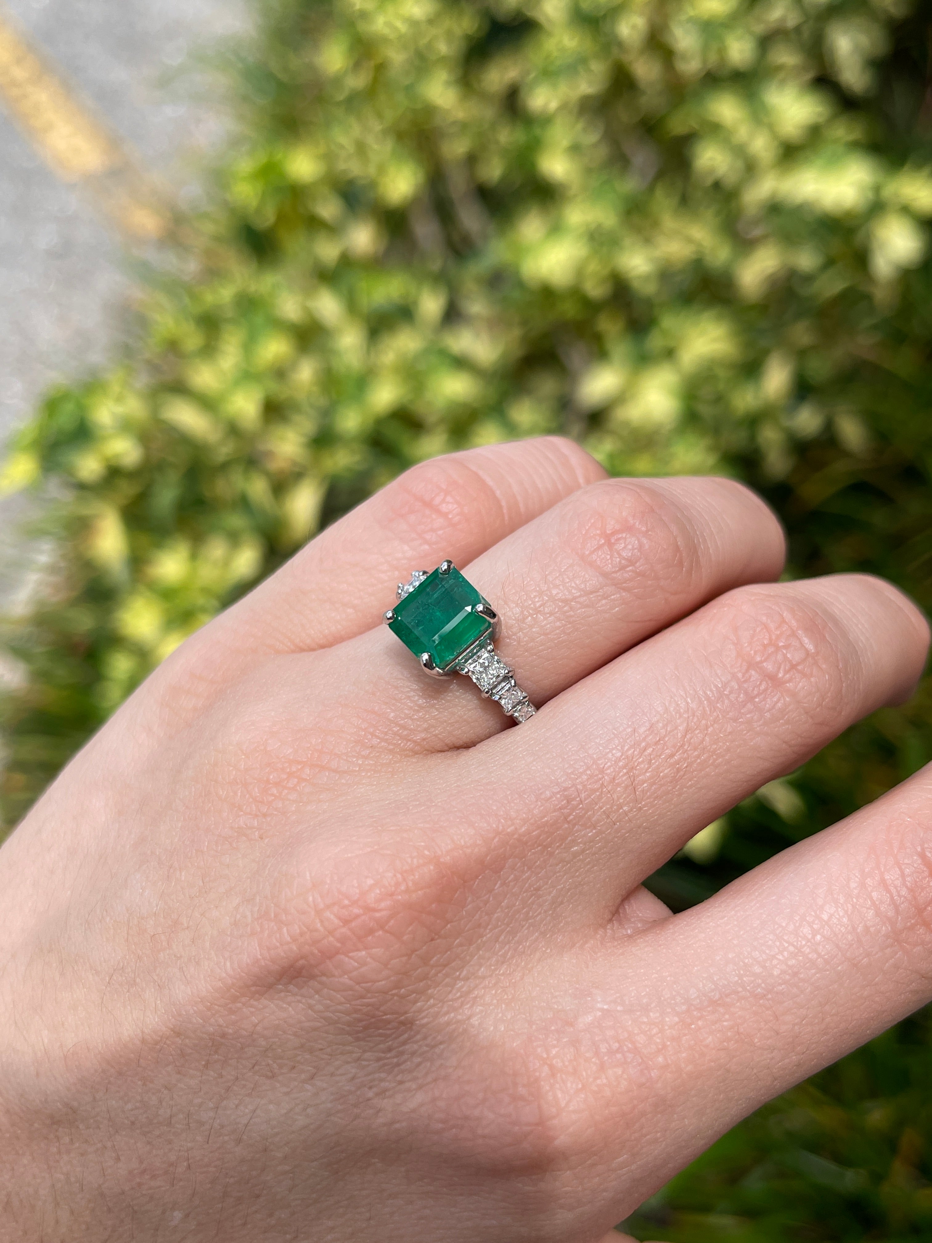 14K white gold engagement ring with 3.87tcw natural emerald and lab diamond accents by JR Colombian Emeralds.