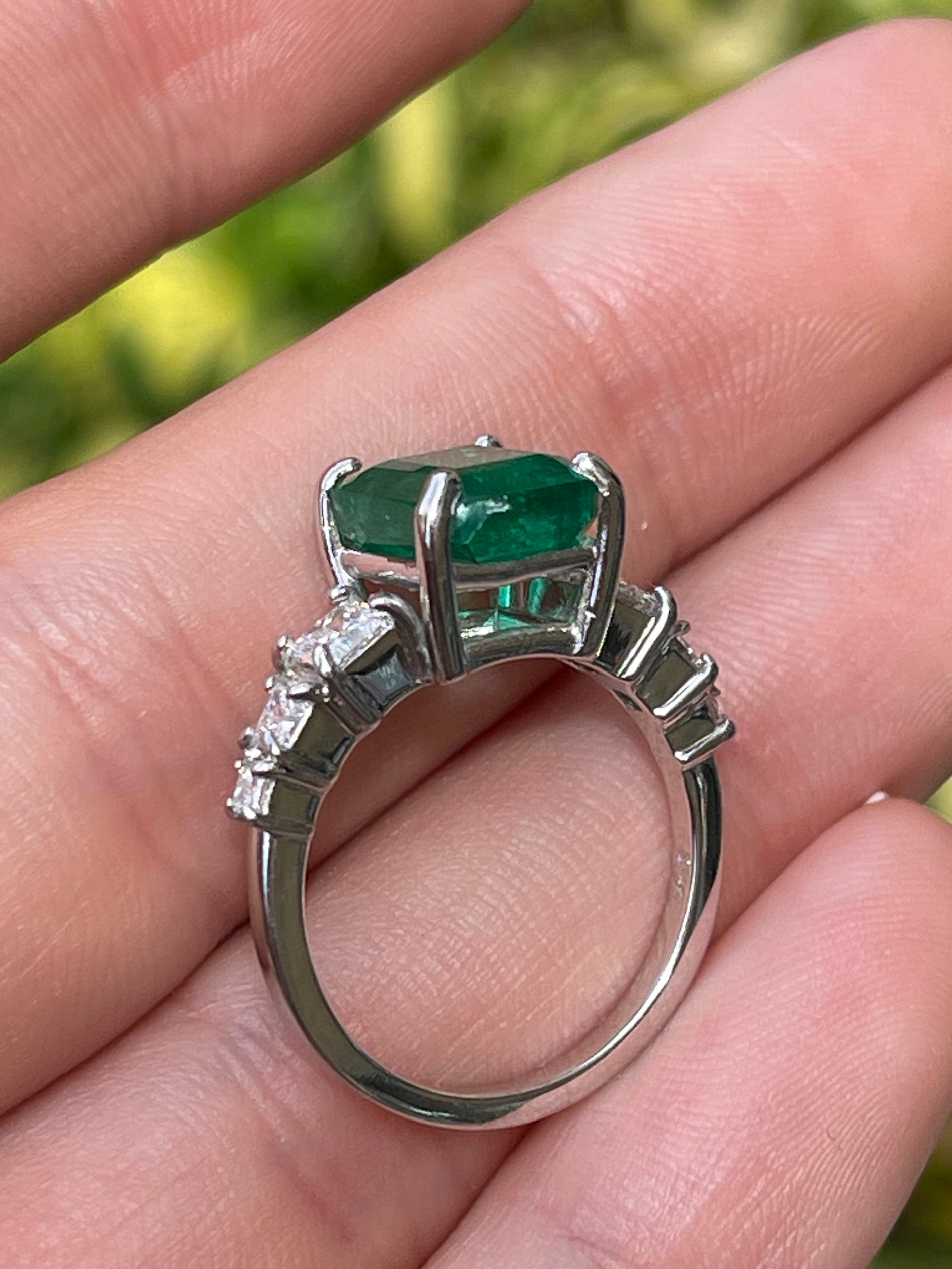 14K white gold engagement ring featuring 3.87tcw natural emerald center stone and lab diamond accents by JR Colombian Emeralds.
