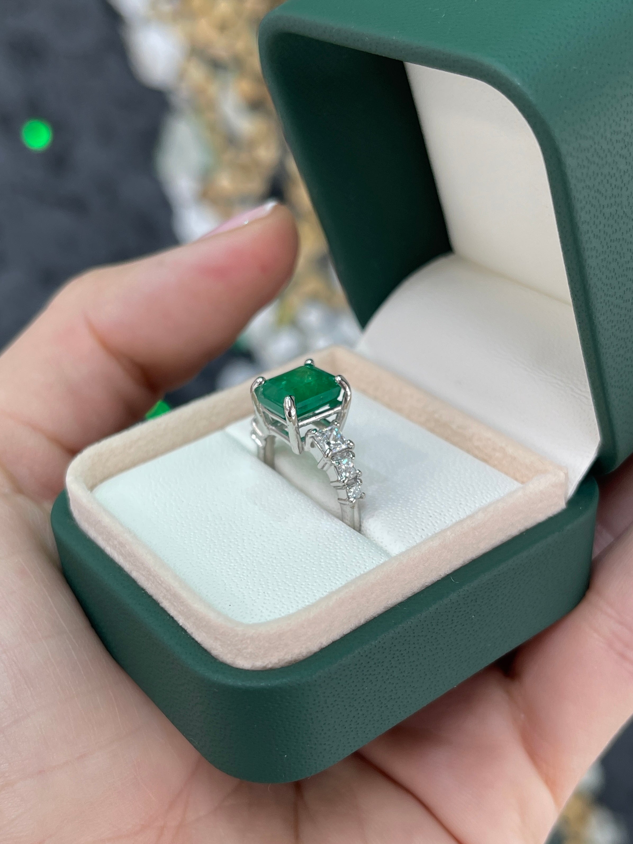 14K white gold engagement ring featuring 3.87 carats of natural emeralds and lab diamond accents by JR Colombian Emeralds.