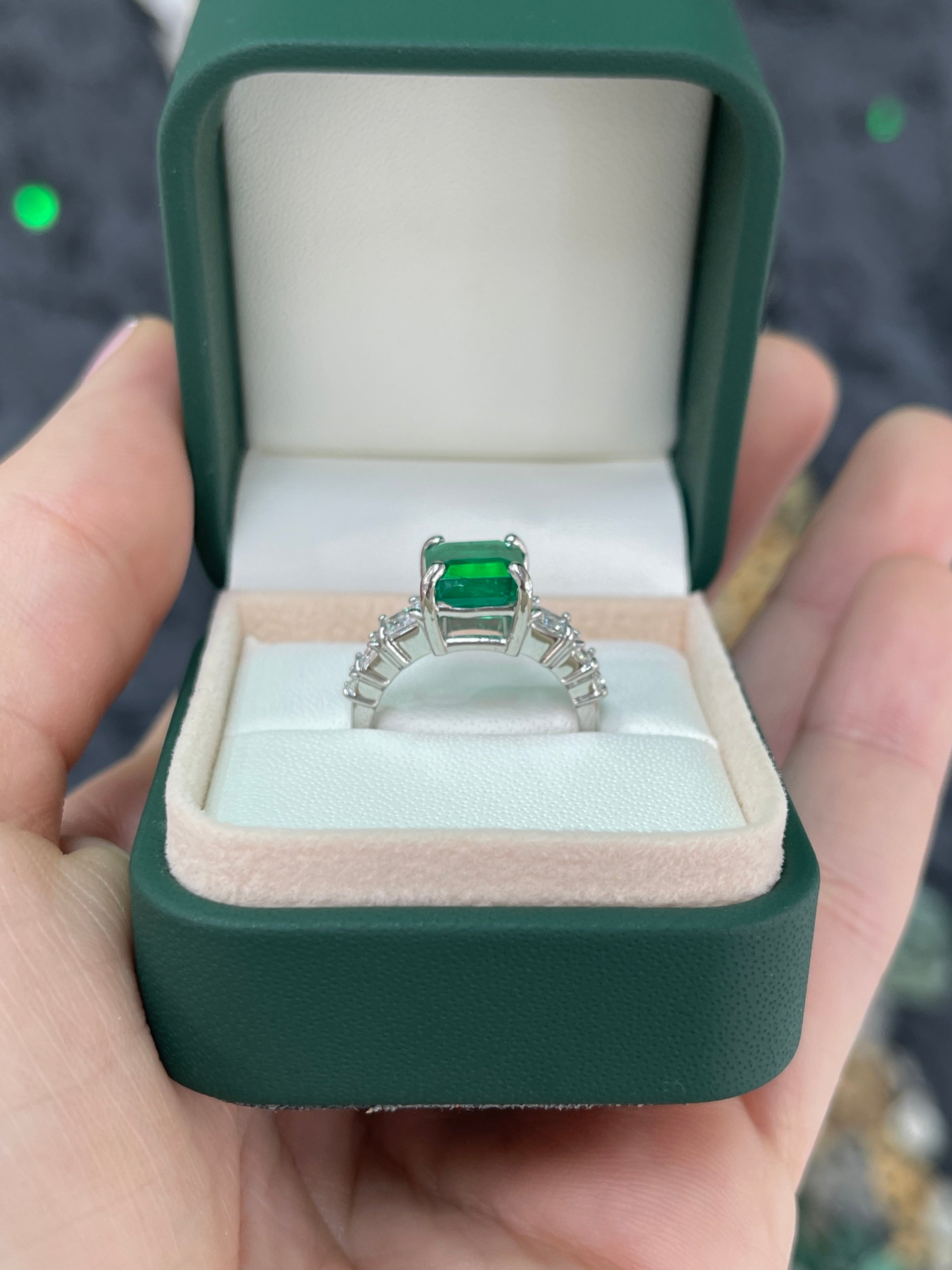 14K white gold engagement ring with 3.87tcw natural emerald center stone and lab diamond accents, by JR Colombian Emeralds.