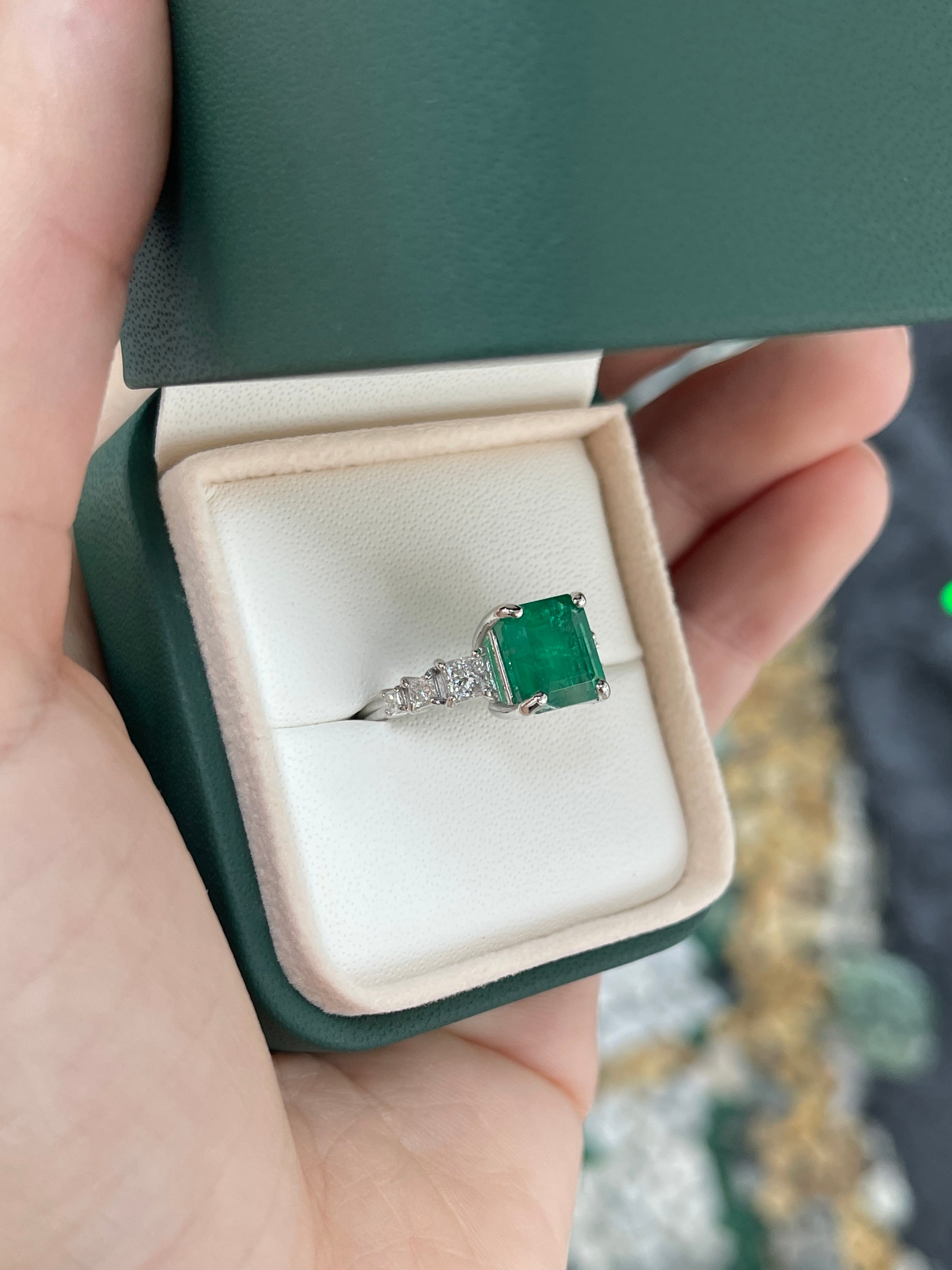 14K white gold engagement ring featuring a 3.87tcw natural emerald center stone with lab diamond accents by JR Colombian Emeralds.