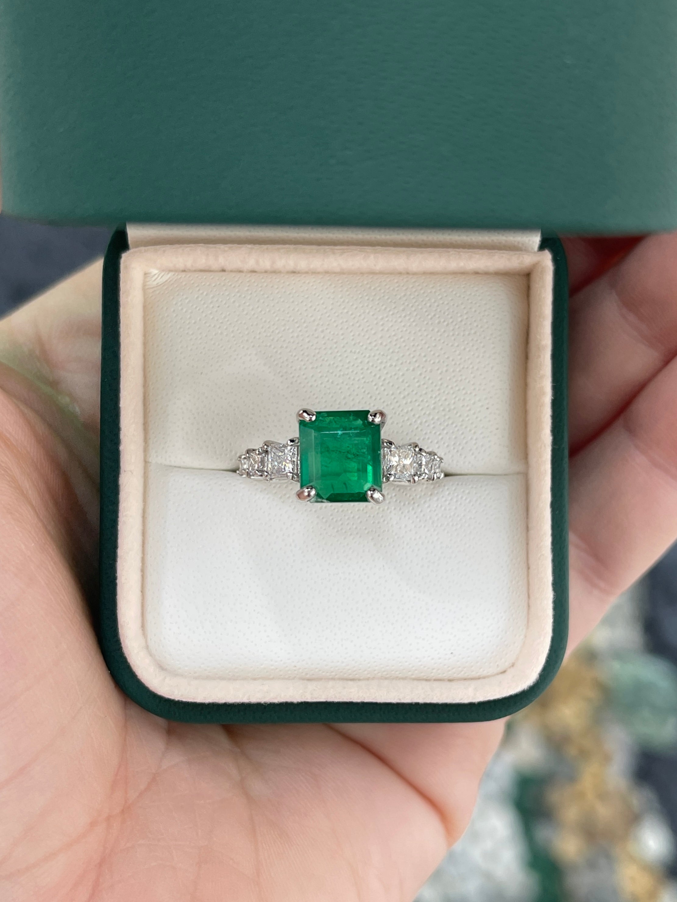 14K white gold engagement ring featuring a 3.87tcw natural emerald center stone with lab diamond accents by JR Colombian Emeralds.