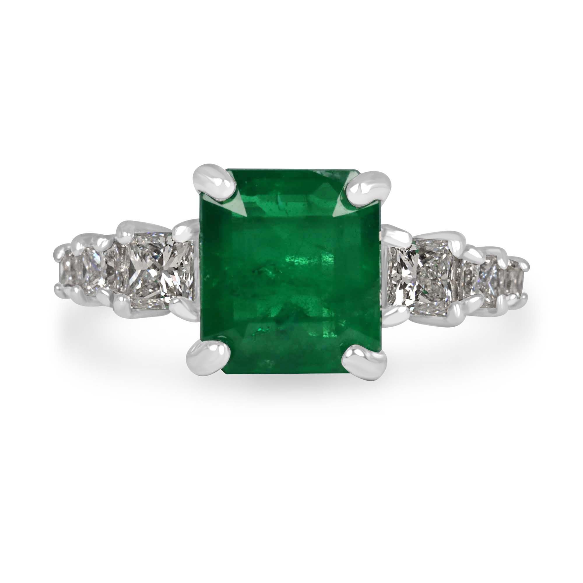 14K white gold engagement ring with 3.87tcw natural emerald center stone and lab diamond accents, showcasing elegant jewelry design.